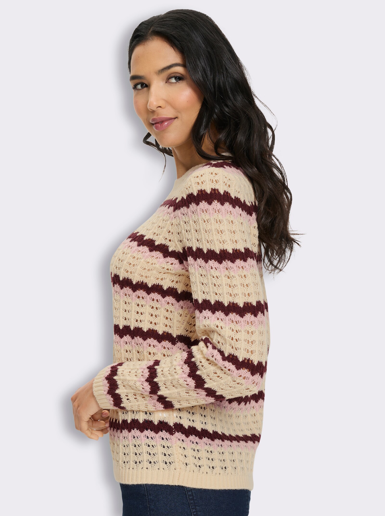 Langarm-Pullover in Ajourstrick - burgund-rosé-gestreift