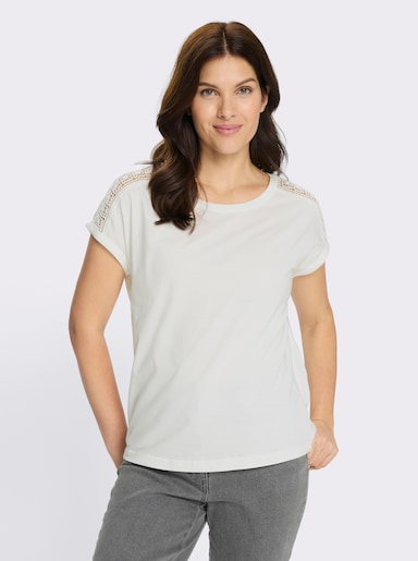 Rundhalsshirt mit Spitze an der Schulter - ecru