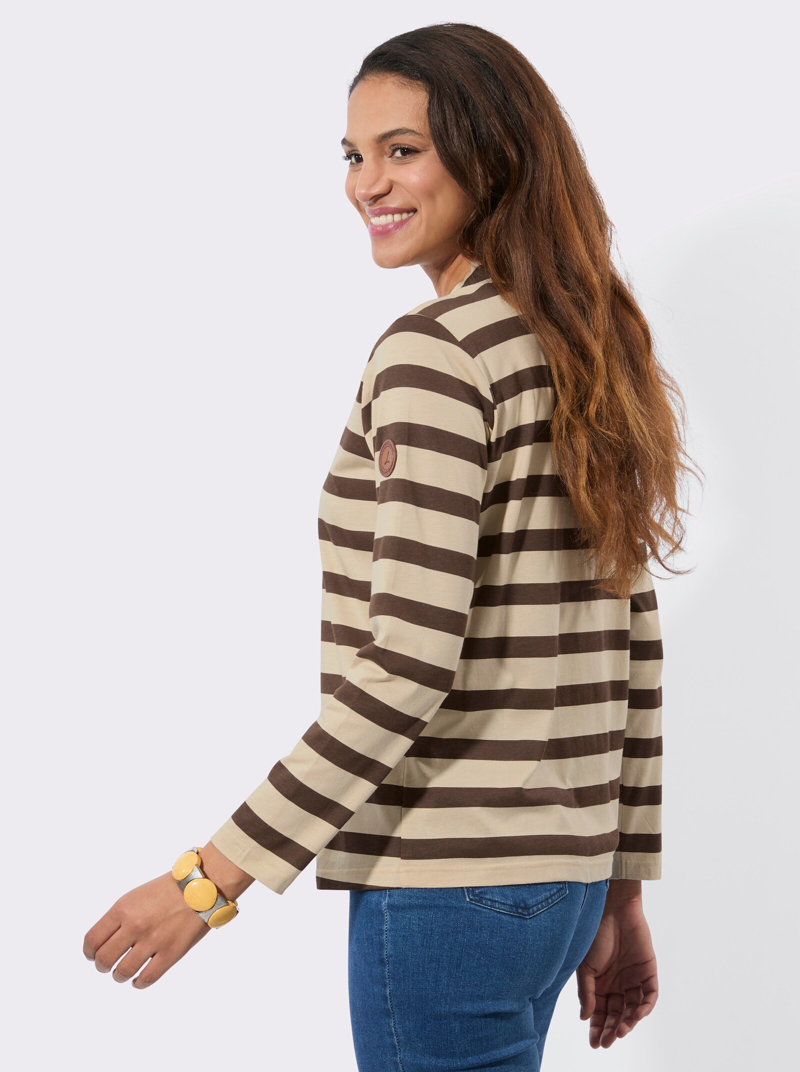 Stehkragenshirt - schoko-sand-geringelt