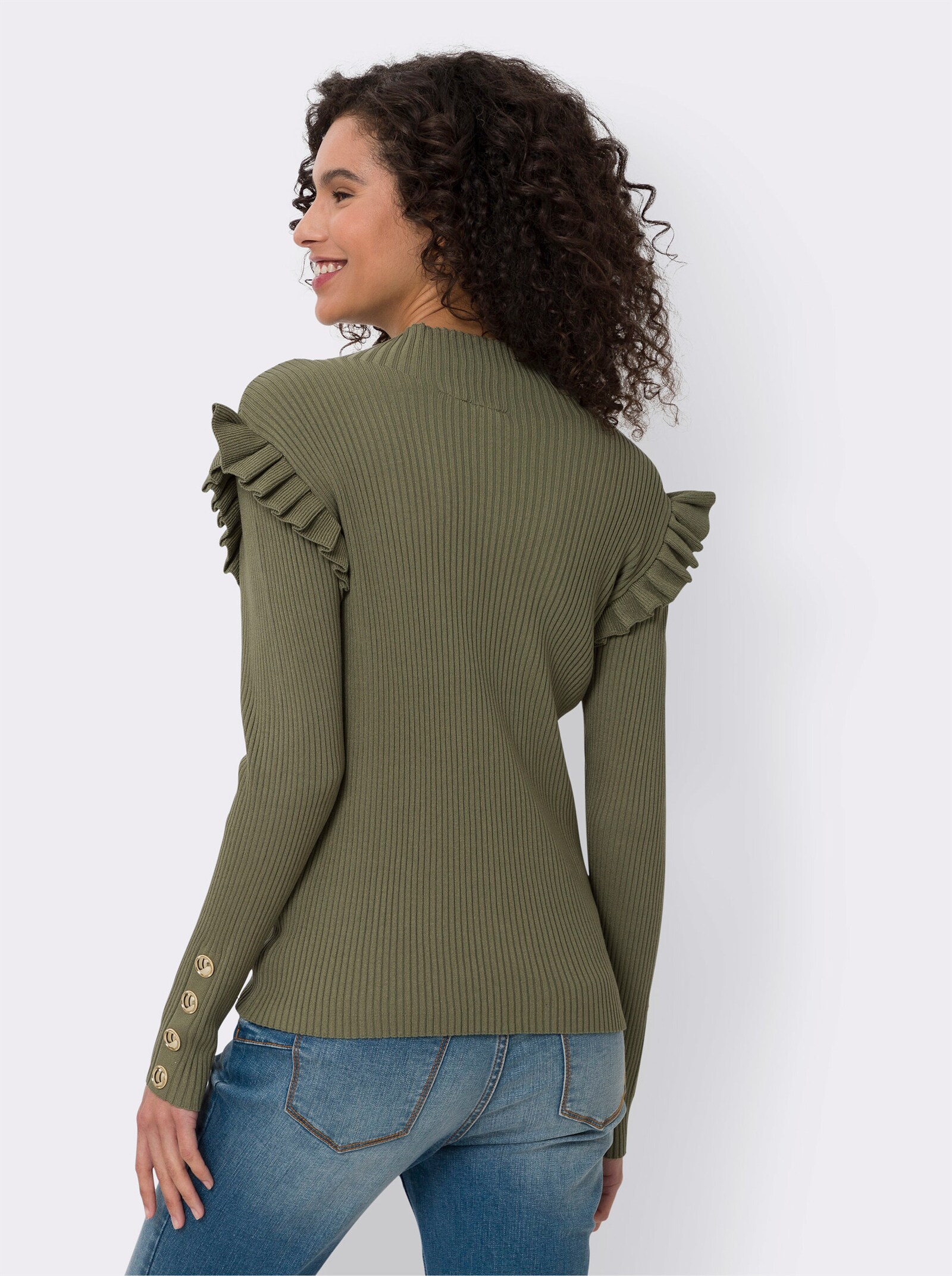 heine Stehkragenpullover mit Rüschen an der Schulter - khaki