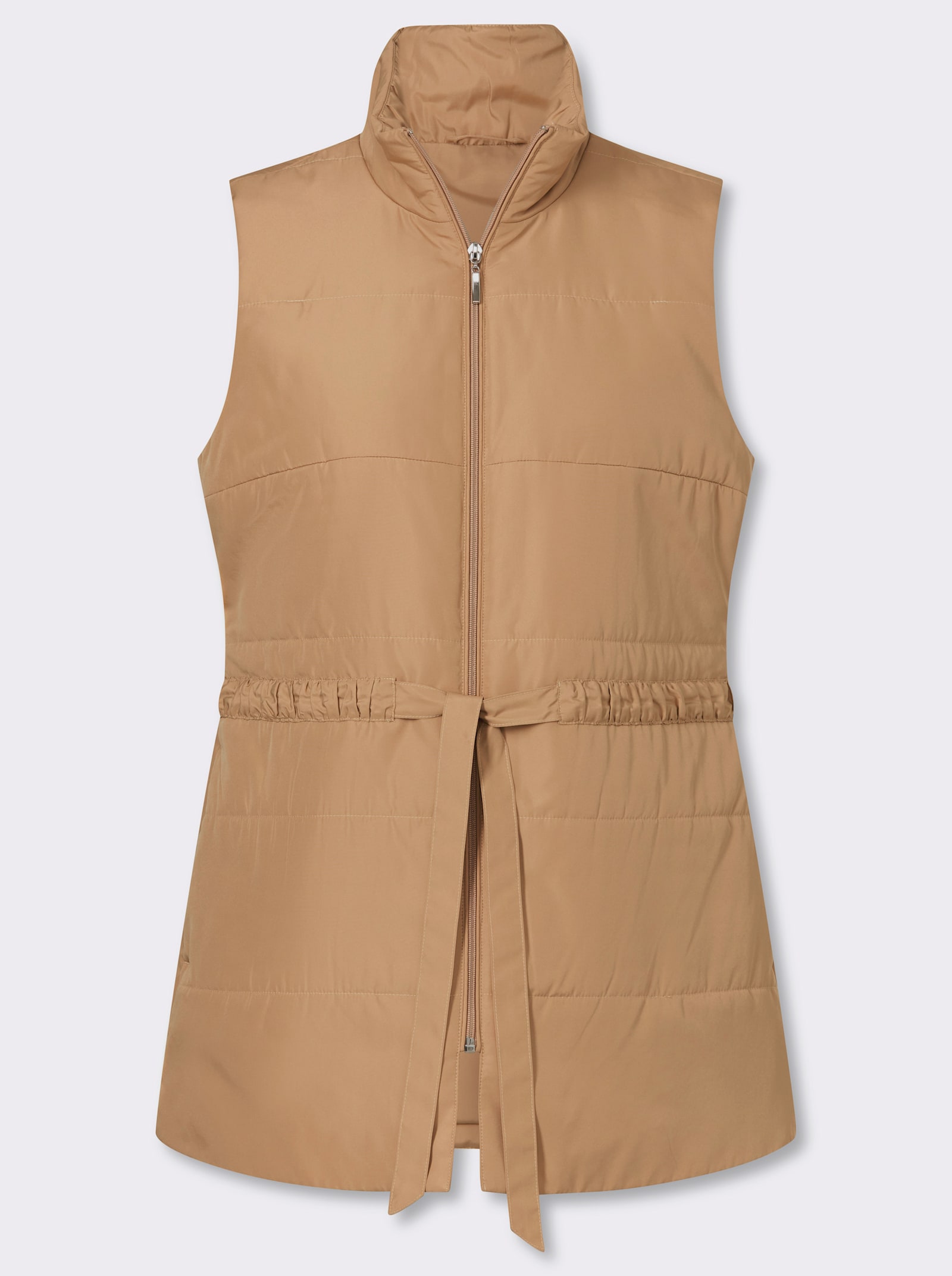 Longweste mit gerafftem Stehkragen, Stepp - camel