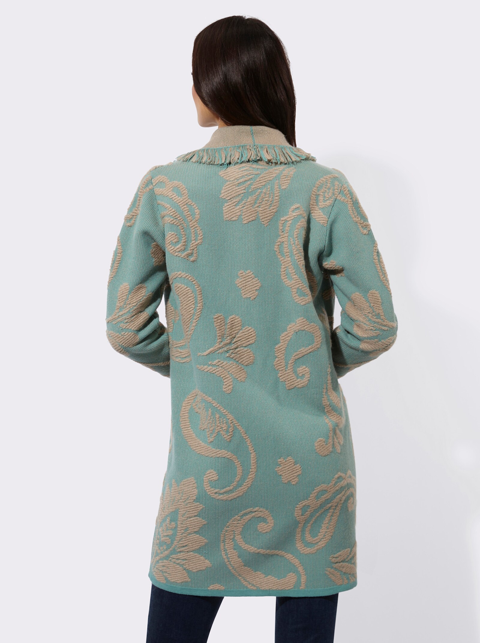 Cardigan mit zweifarbigen Fransen - salbei-beige-gemustert