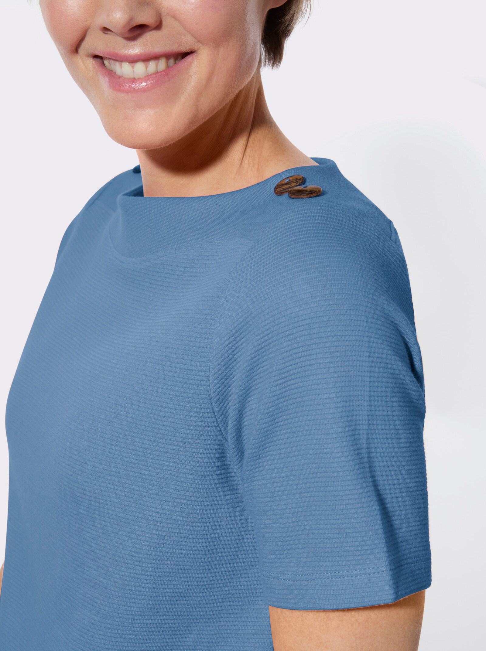 Kurzarmshirt mit Struktur-Jacquard - mittelblau