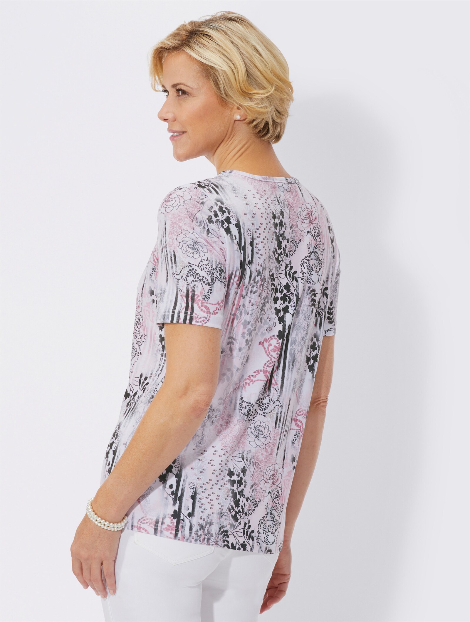 Rundhalsshirt mit Kurzarm - altrosé-grau-bedruckt