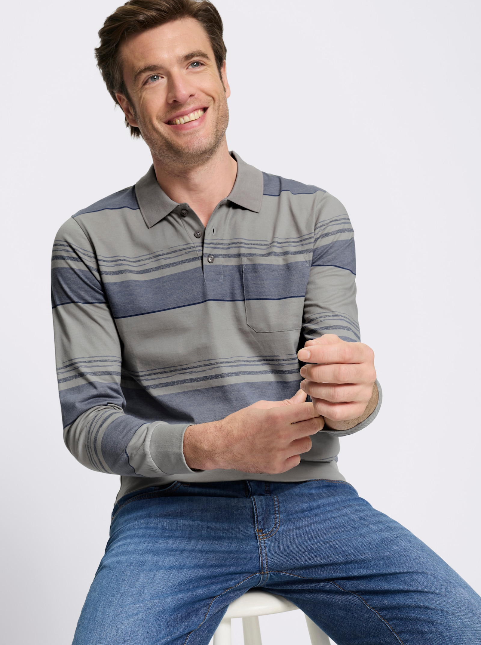 Marco Donati Langarm-Poloshirt mit Rippbündchen - steingrau-gemustert