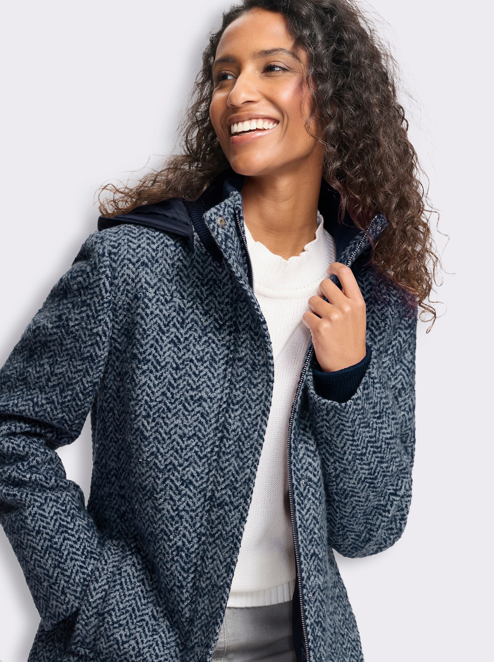 heine Longjacke in Bouclé-Qualität - marine-rauchblau-gemustert