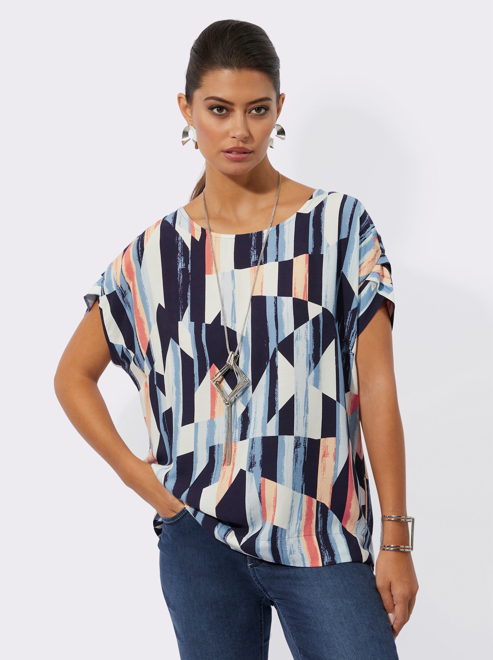 Blouse met print van pure viscose - middenblauw/papaja bedrukt