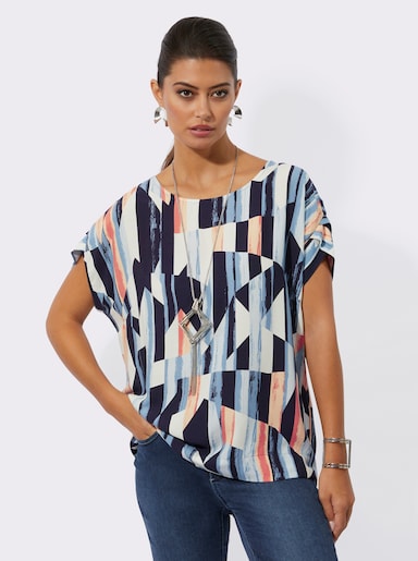 Druckbluse aus reiner Viskose - mittelblau-papaya-bedruckt