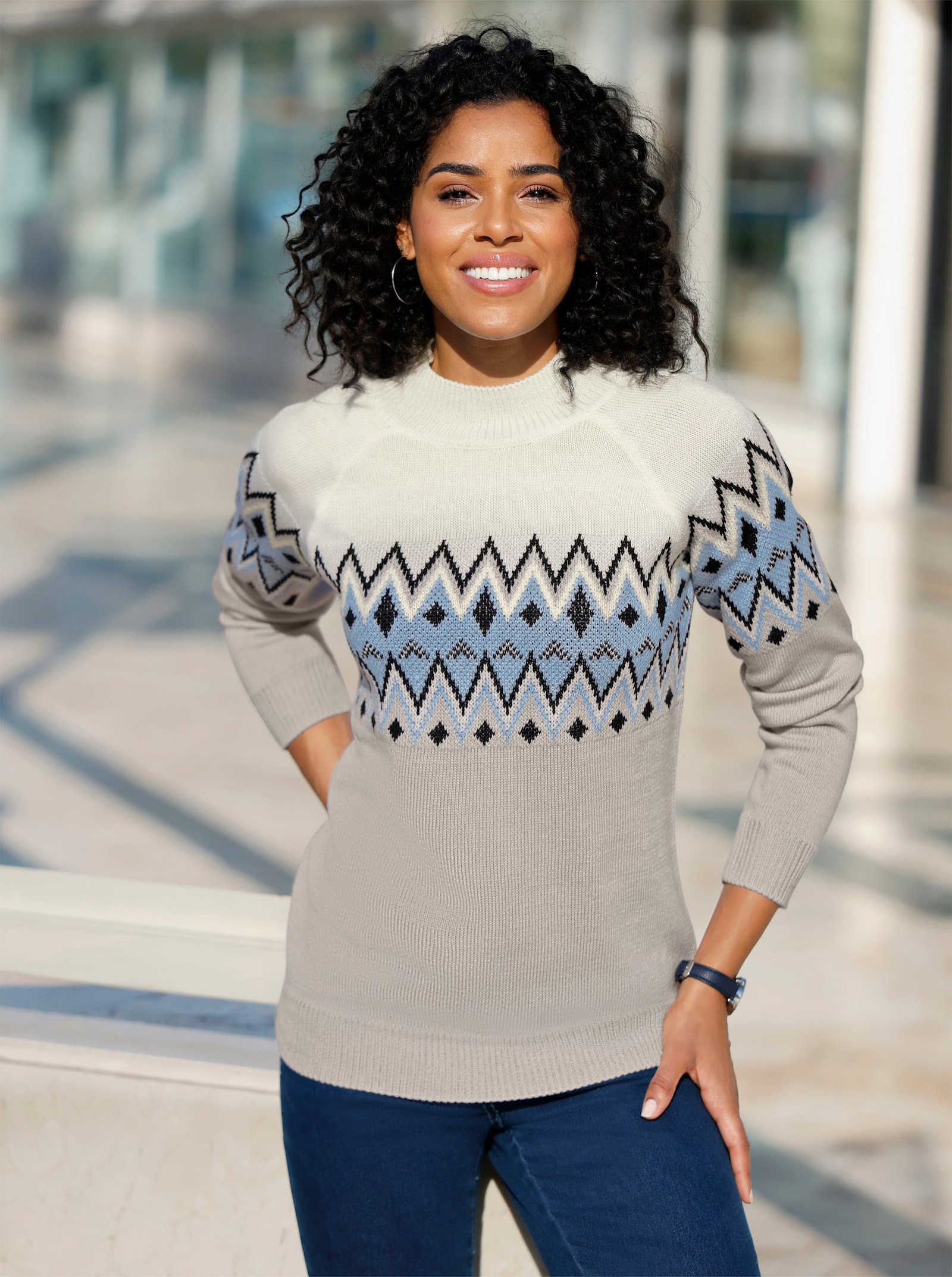 Pullover met lange mouwen en Noors patroon - lichtgrijs/ijsblauw gedessineerd