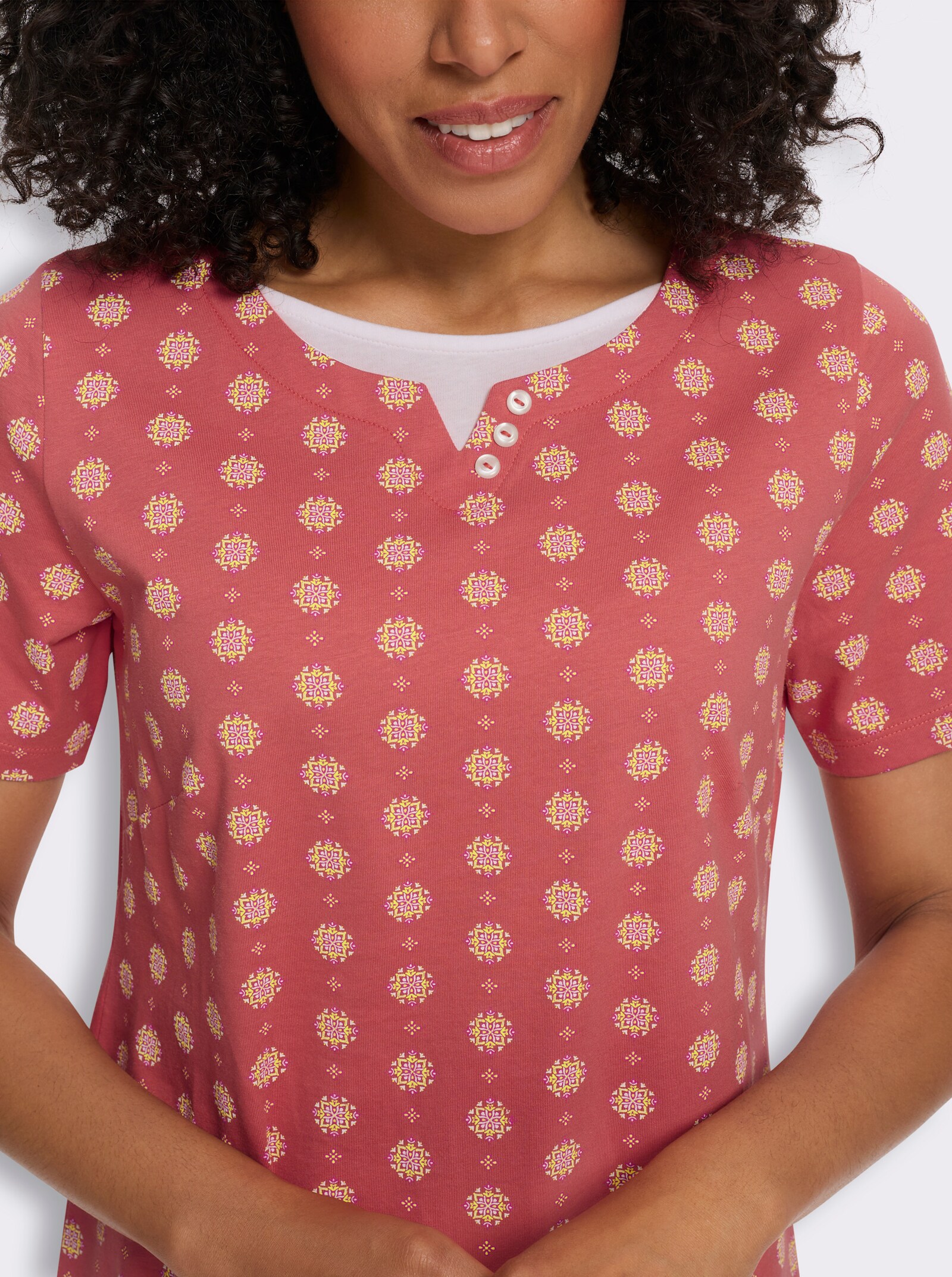 Jerseykleid mit einfarbigem Einsatz am Ausschnitt - grapefruit-magenta-bedruckt