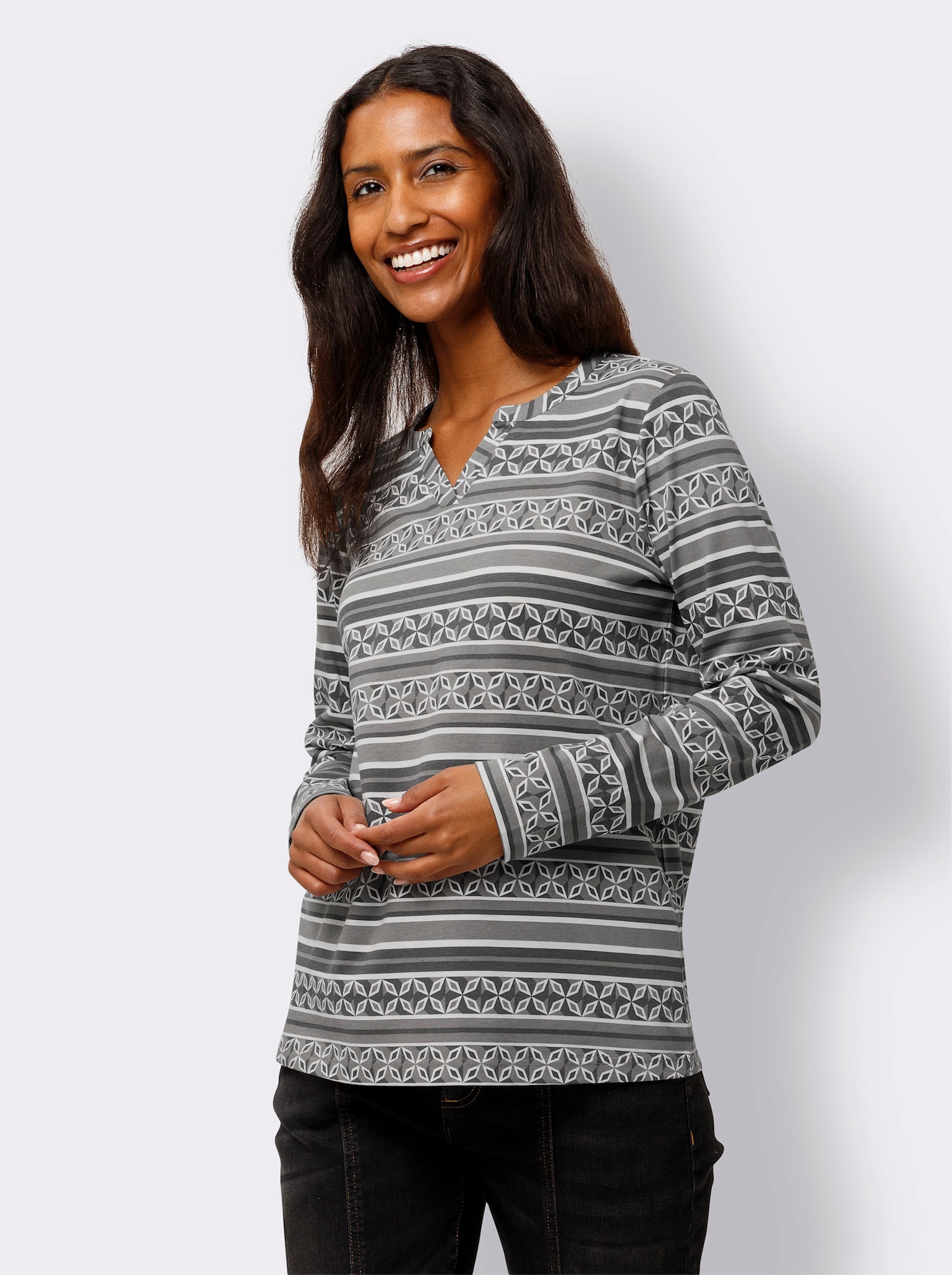 heine Langarmshirt im Mustermix - grau-ecru-bedruckt