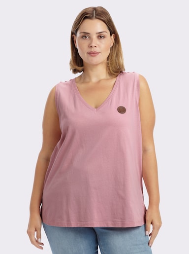 sheego Shirttop mit Lederimitat-Applikation vorn - hortensie