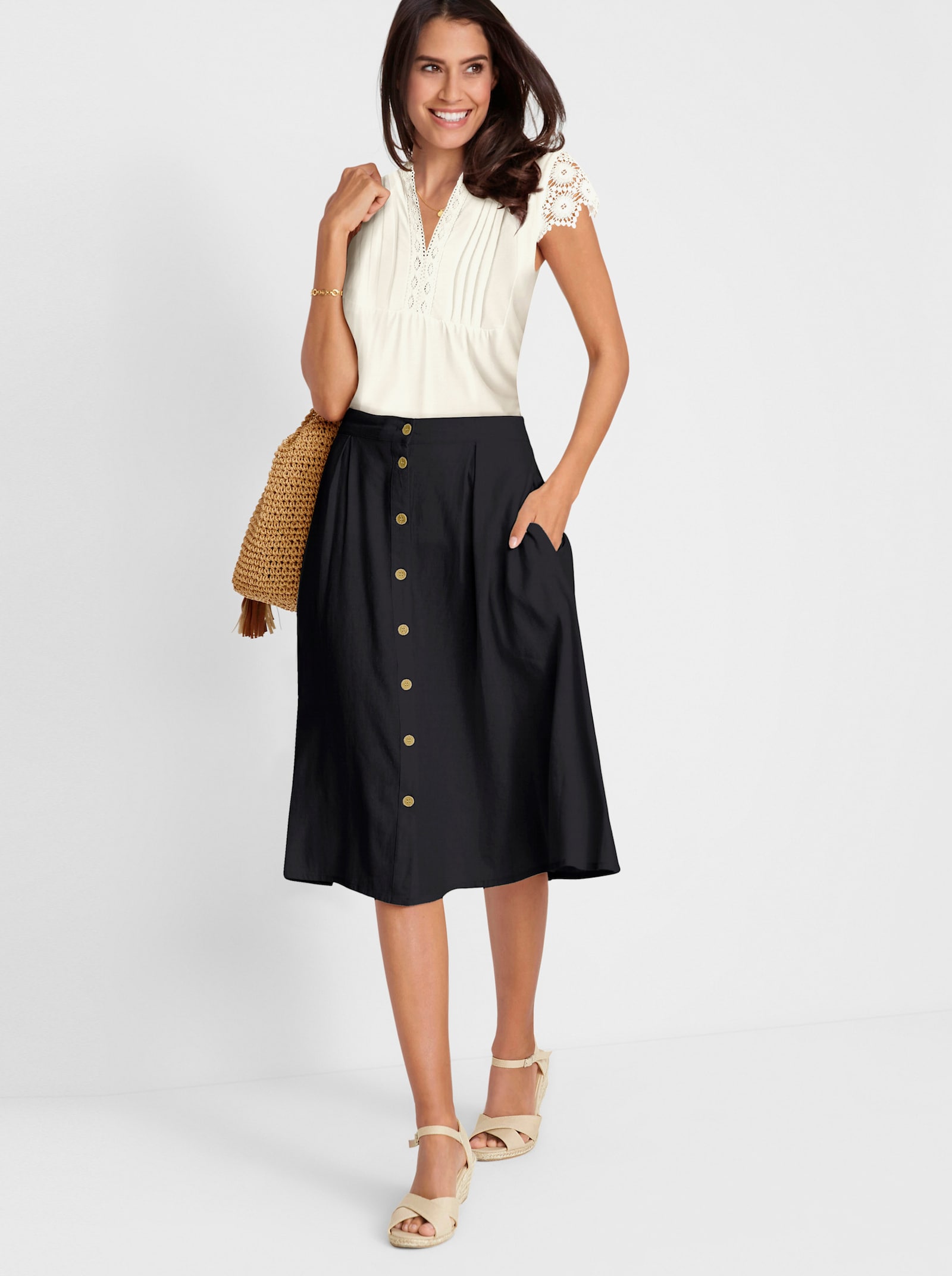 Kurzarmshirt mit Flügelärmeln aus Spitze - ecru