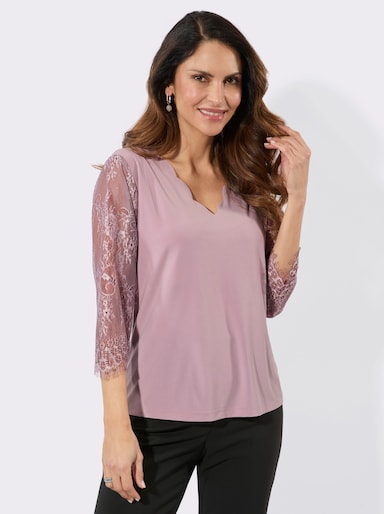 3/4-Arm-Shirt mit gebogtem V-Ausschnitt - mauve