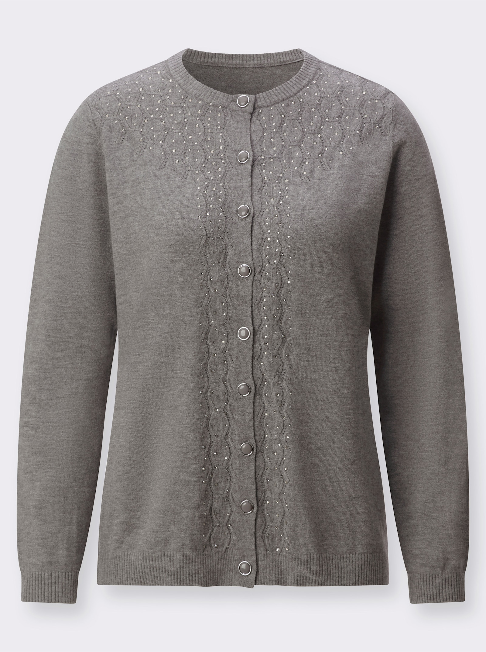 Strickjacke mit Ajourmuster und Glitzersteinchen - grau-meliert