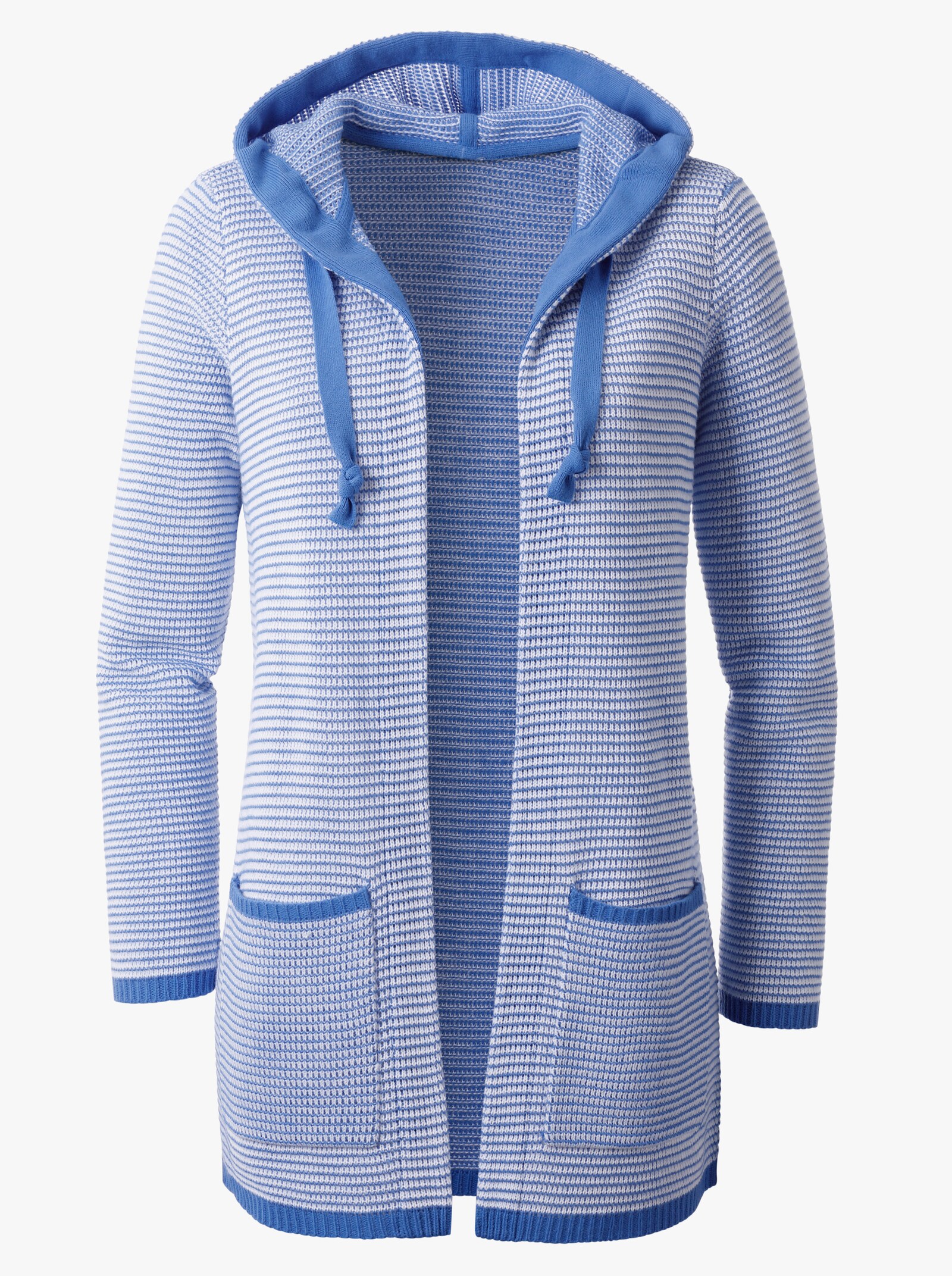 Kapuzenstrickjacke in langer Form - jeansblau-geringelt