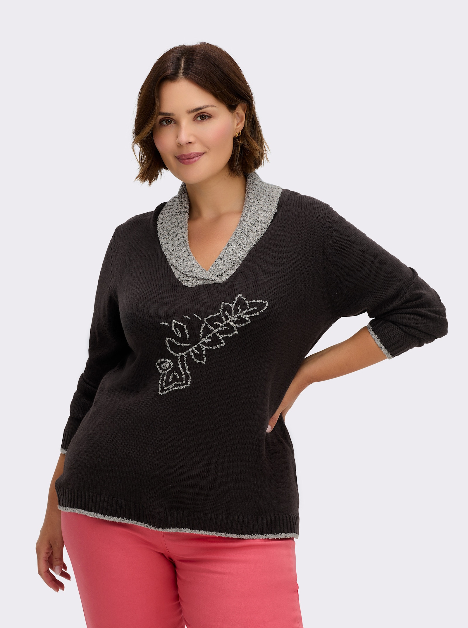 Strickpullover mit Blumen-Stickerei - anthrazit