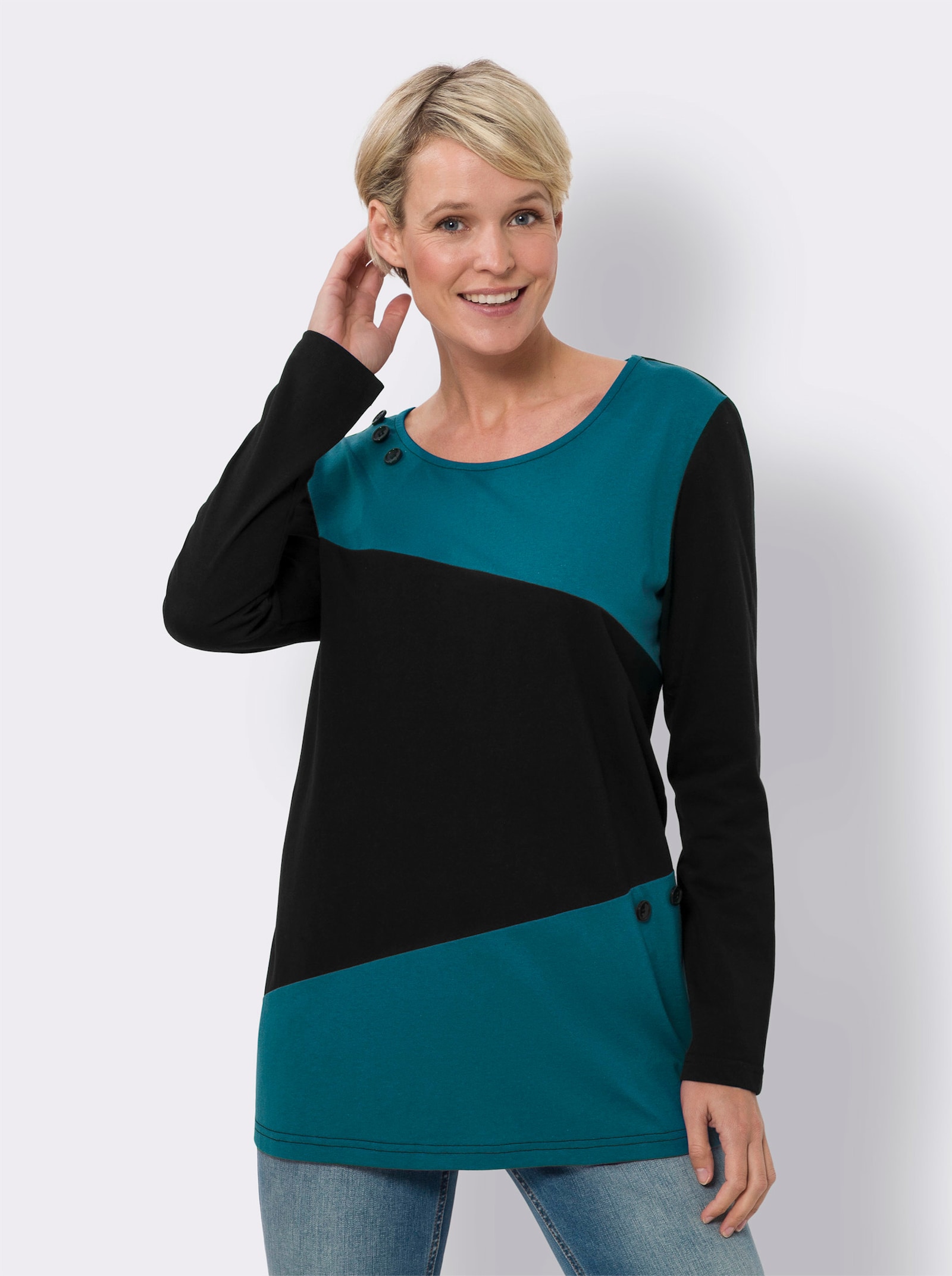 Longshirt mit dekorativen Knöpfen - schwarz-aquapetrol