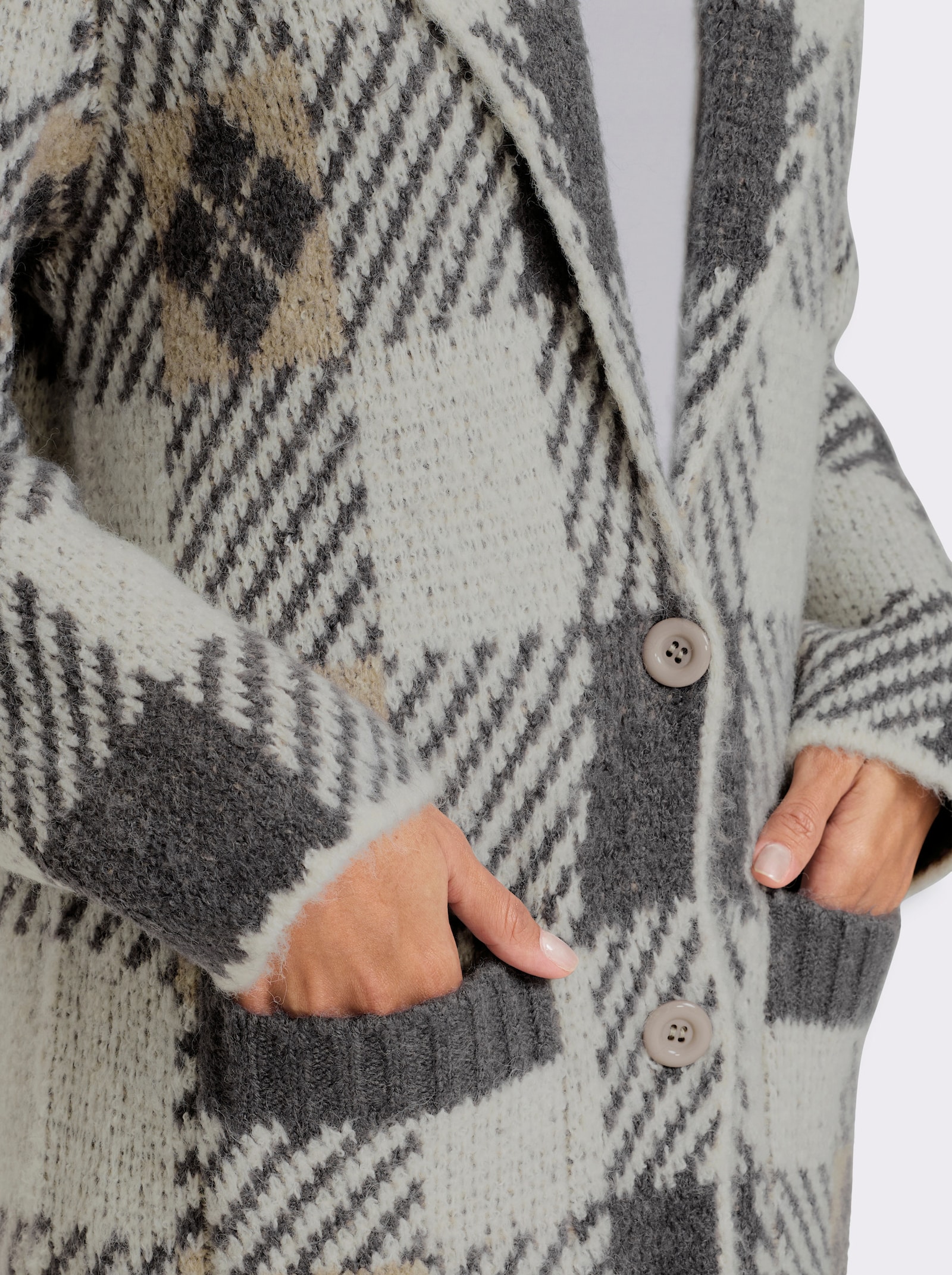 heine Jacquardstrickjacke mit Fransen - ecru-sesam-gemustert
