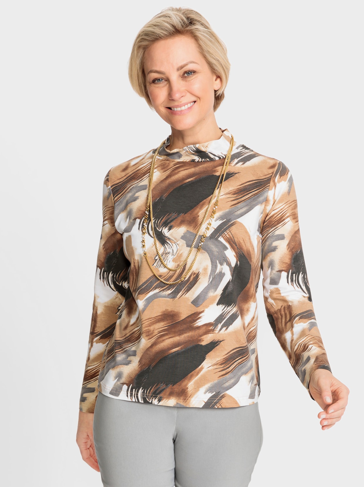 Stehkragenshirt - camel-ecru-bedruckt