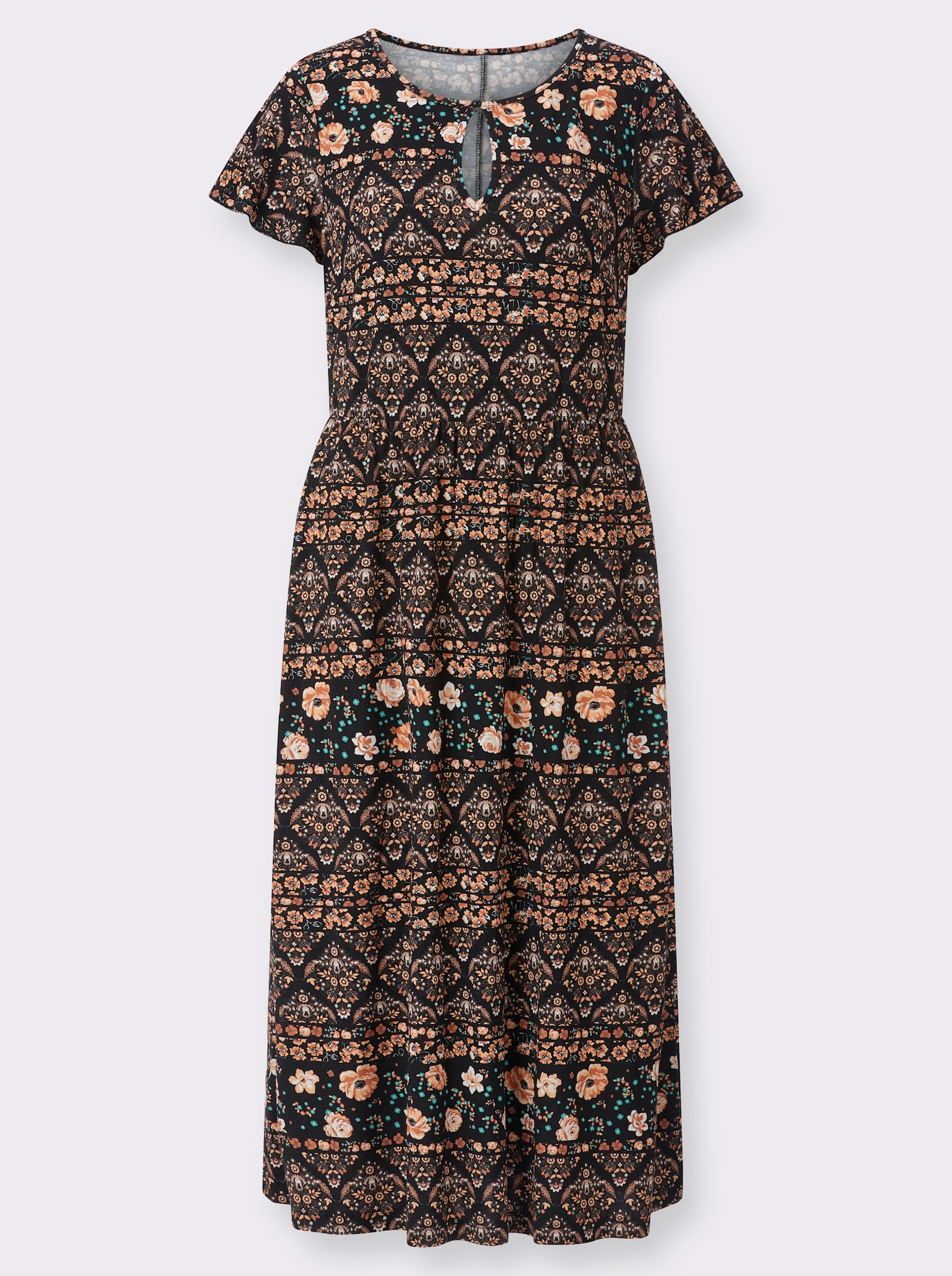 Jerseyjurk met elastiek op taillehoogte - papaja/zwart bedrukt