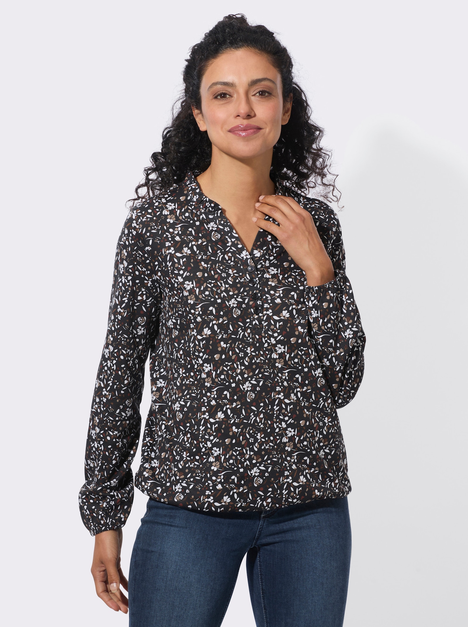 Langarmshirt mit Gummibündchen - schwarz-rotbraun-bedruckt