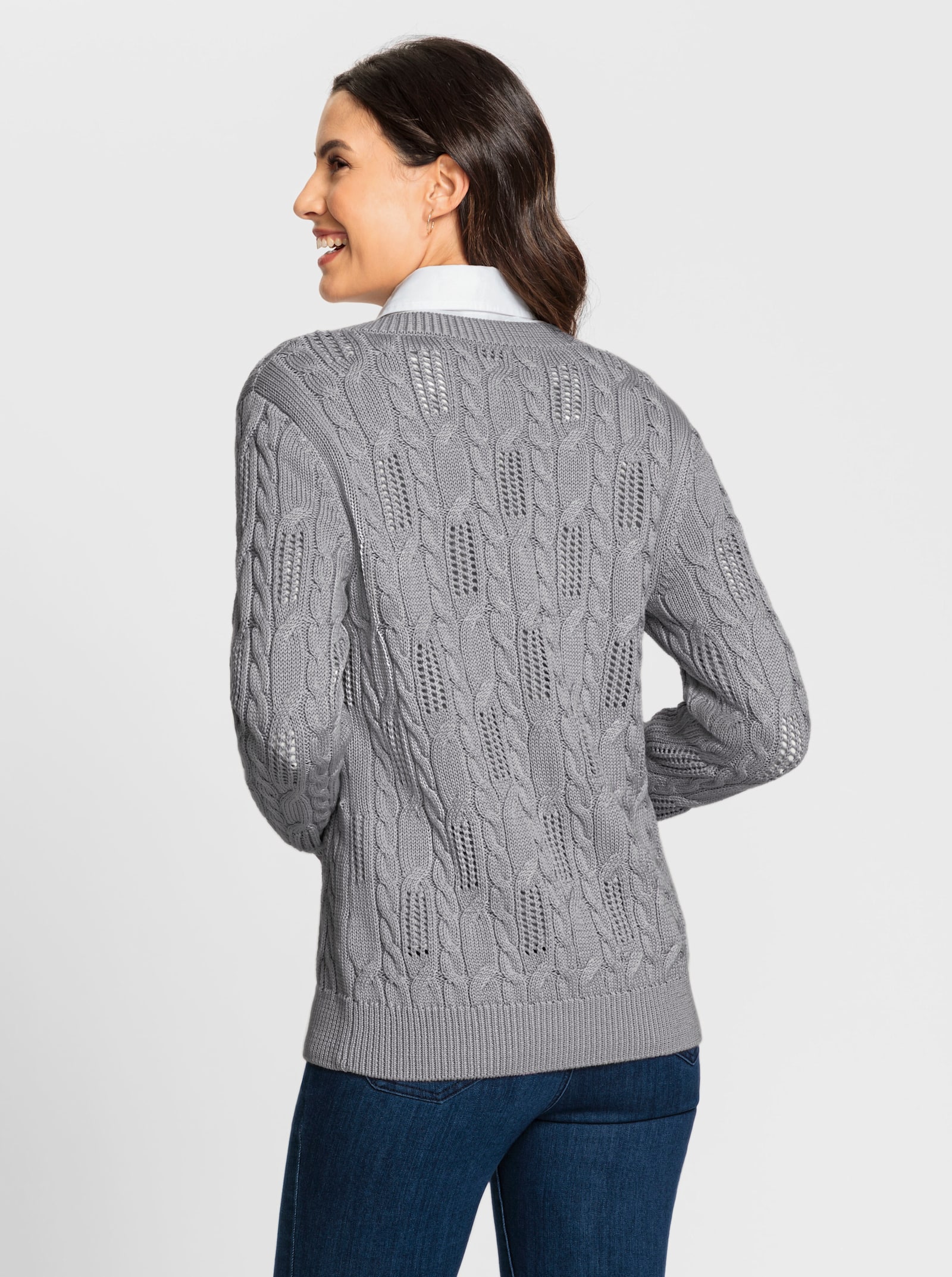 Strickjacke mit Ajourmuster - steingrau-meliert