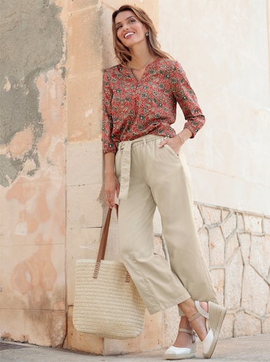 Druckbluse in Schlupfform - erdbeere-camel-bedruckt