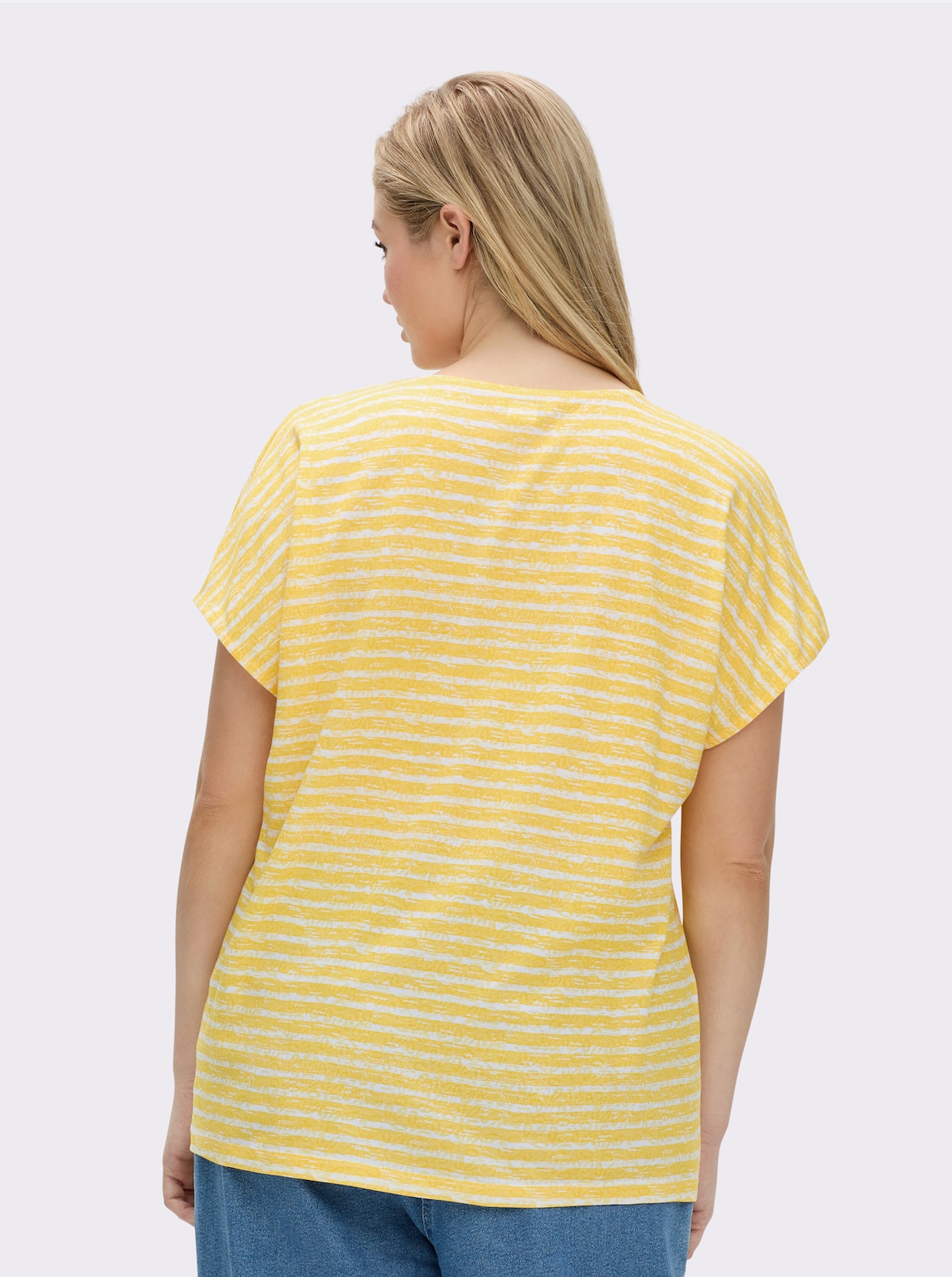 Rundhalsshirt mit weicher Baumwolle - sonnengelb-ecru-geringelt