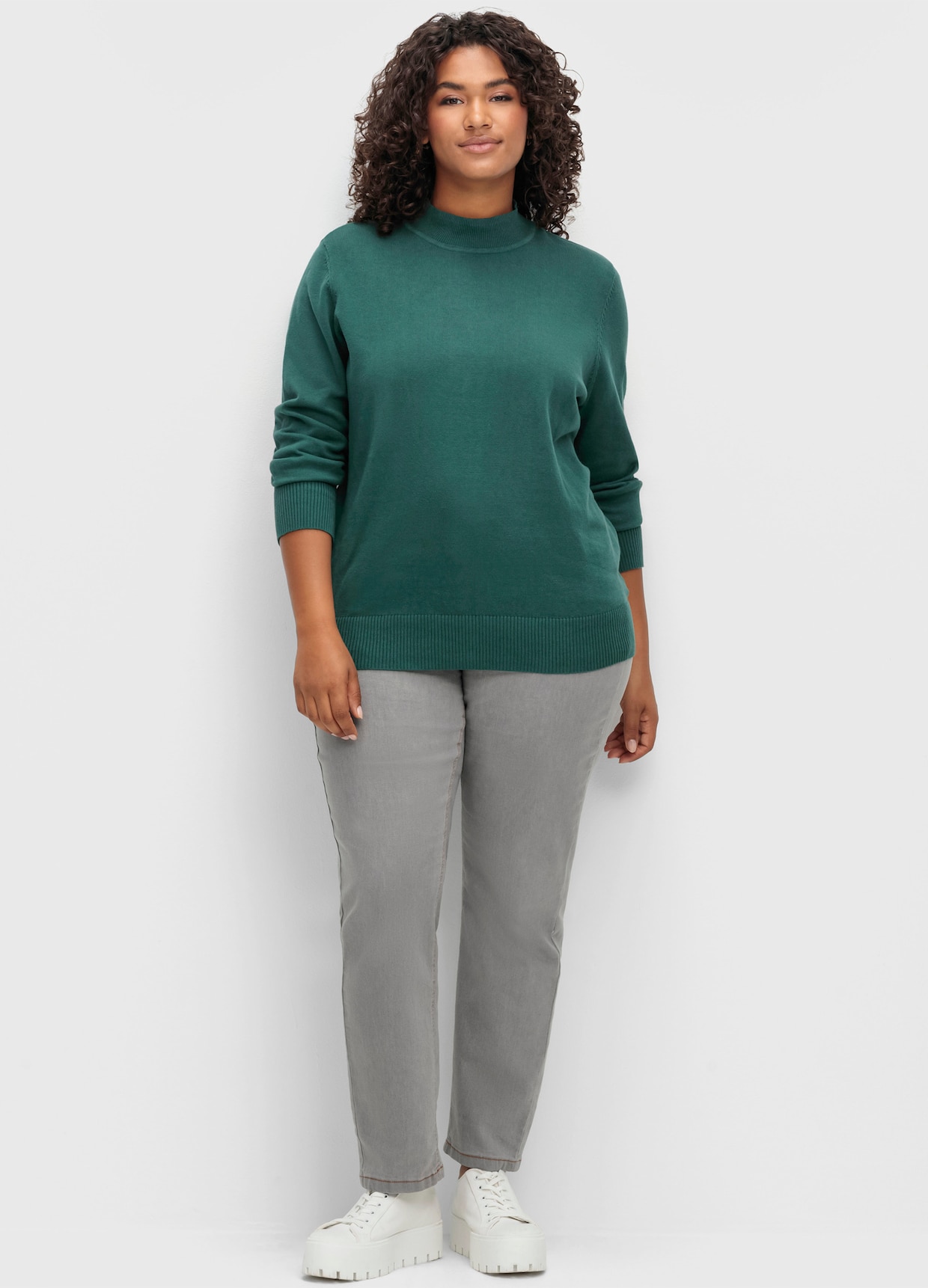 Strickpullover mit geripptem Stehkragen - tanne