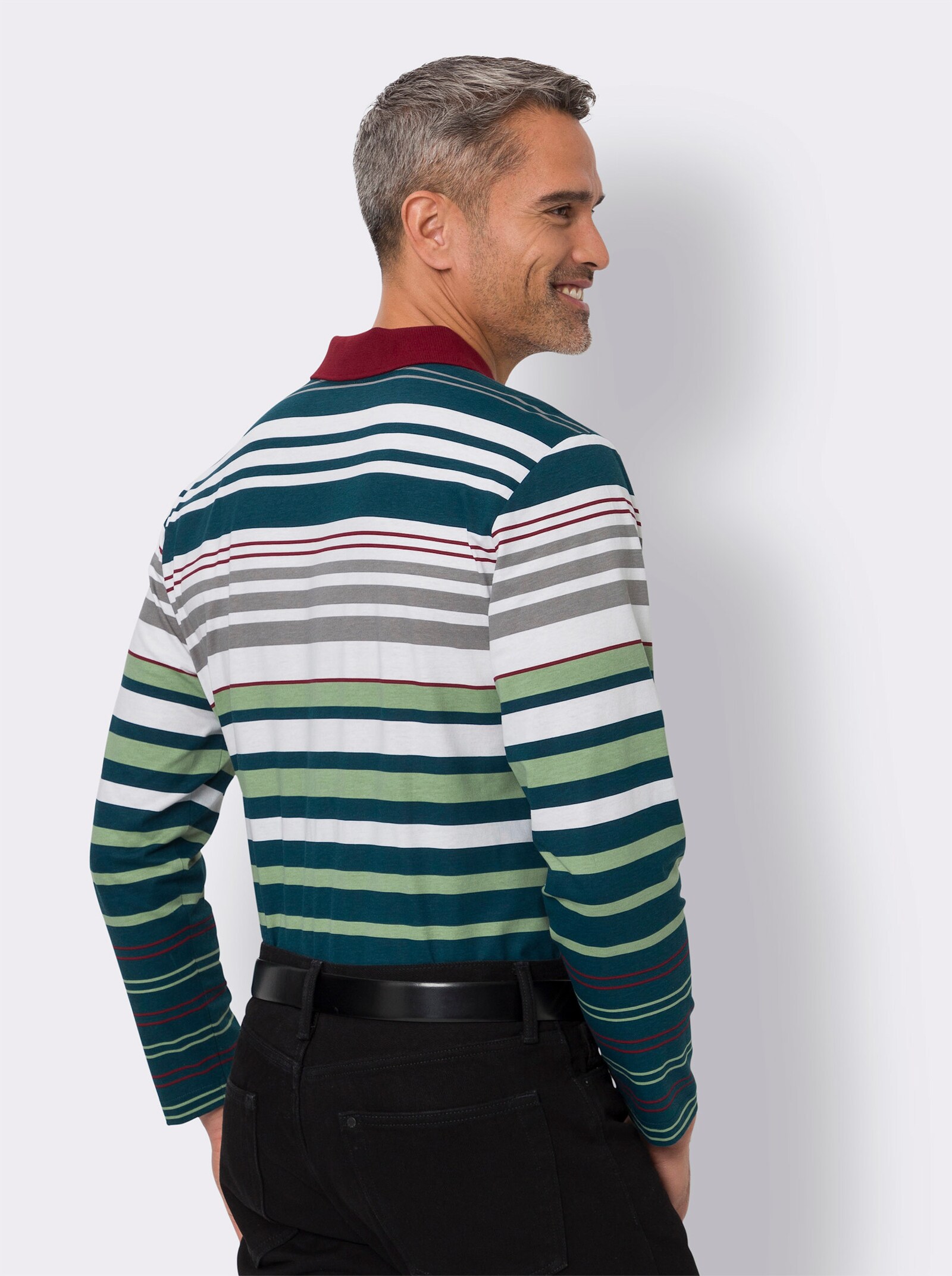 Langarm-Poloshirt in Baumwoll-Qualität, geringelt - grau-petrol-geringelt