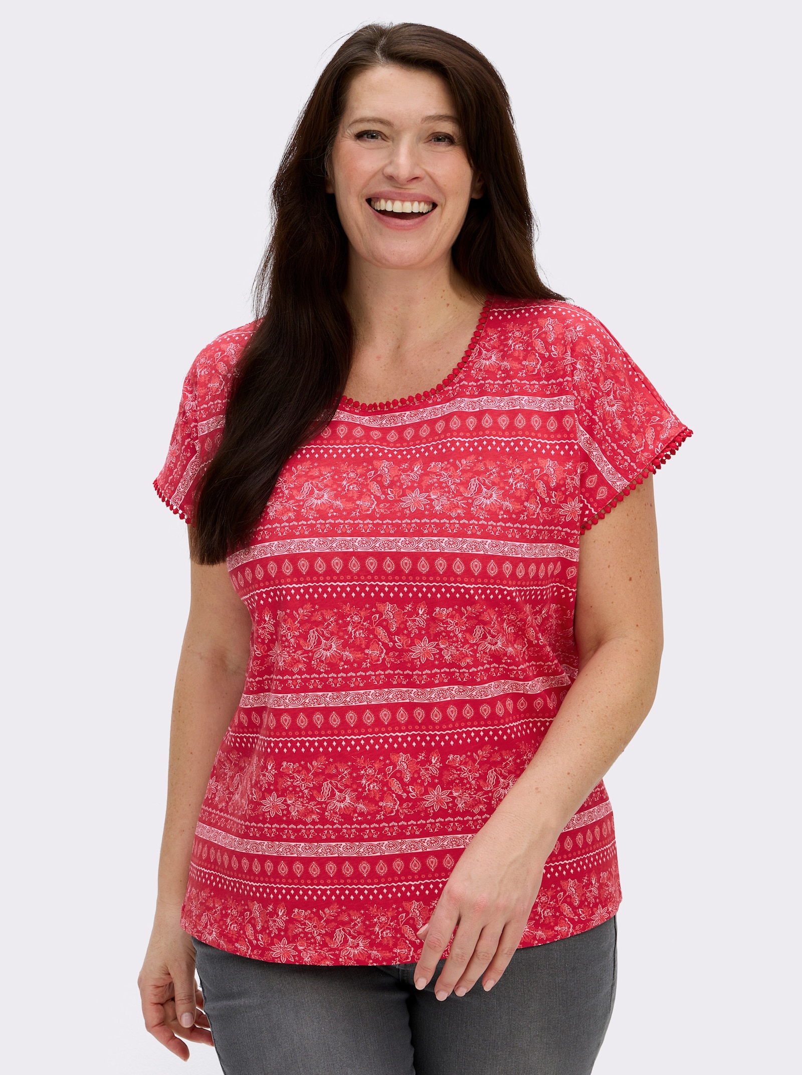  Print-Shirt mit Spitzenborte - erdbeere-ecru-bedruckt