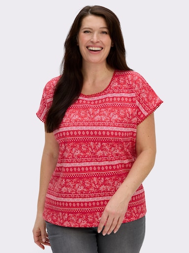 Print-Shirt mit Spitzenborte - erdbeere-ecru-bedruckt