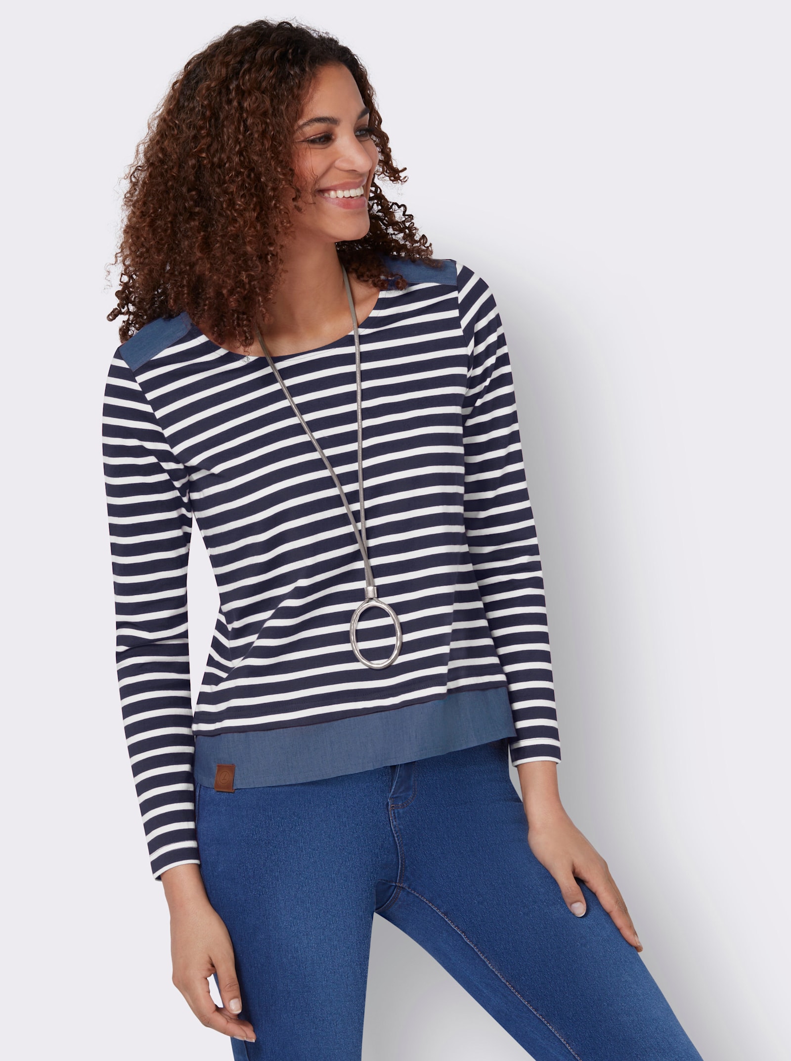 Ringelshirt mit verlängertem Saum hinten - marine-ecru-geringelt