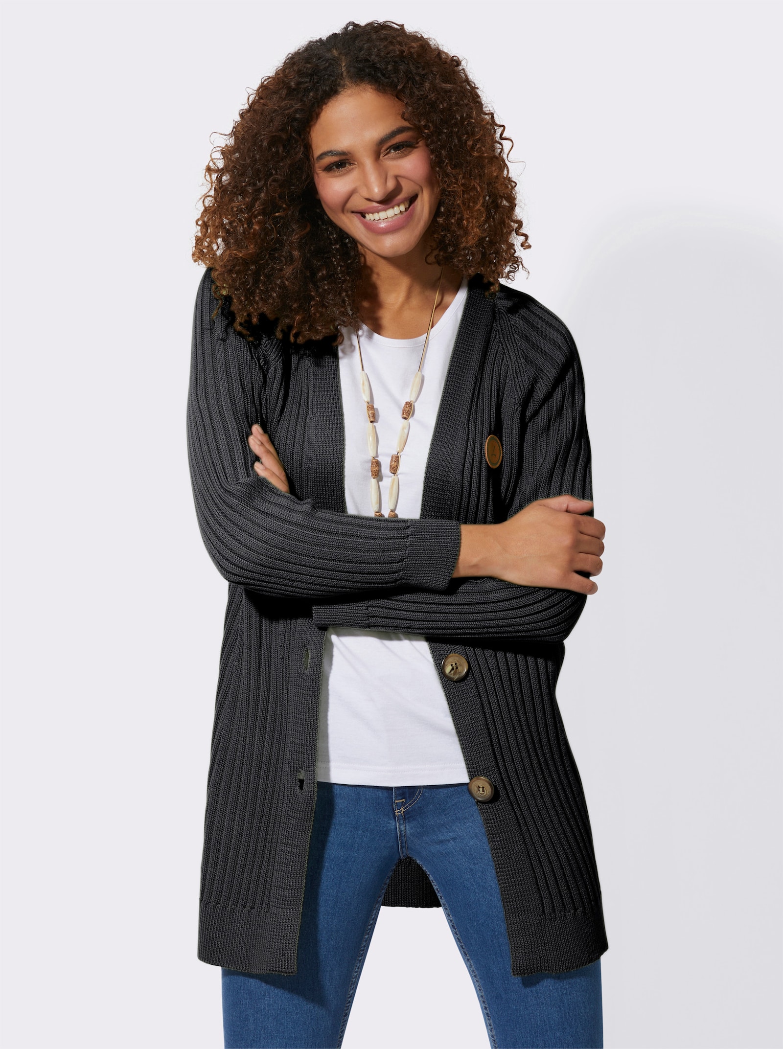 Longstrickjacke in Ripp-Optik - schwarz