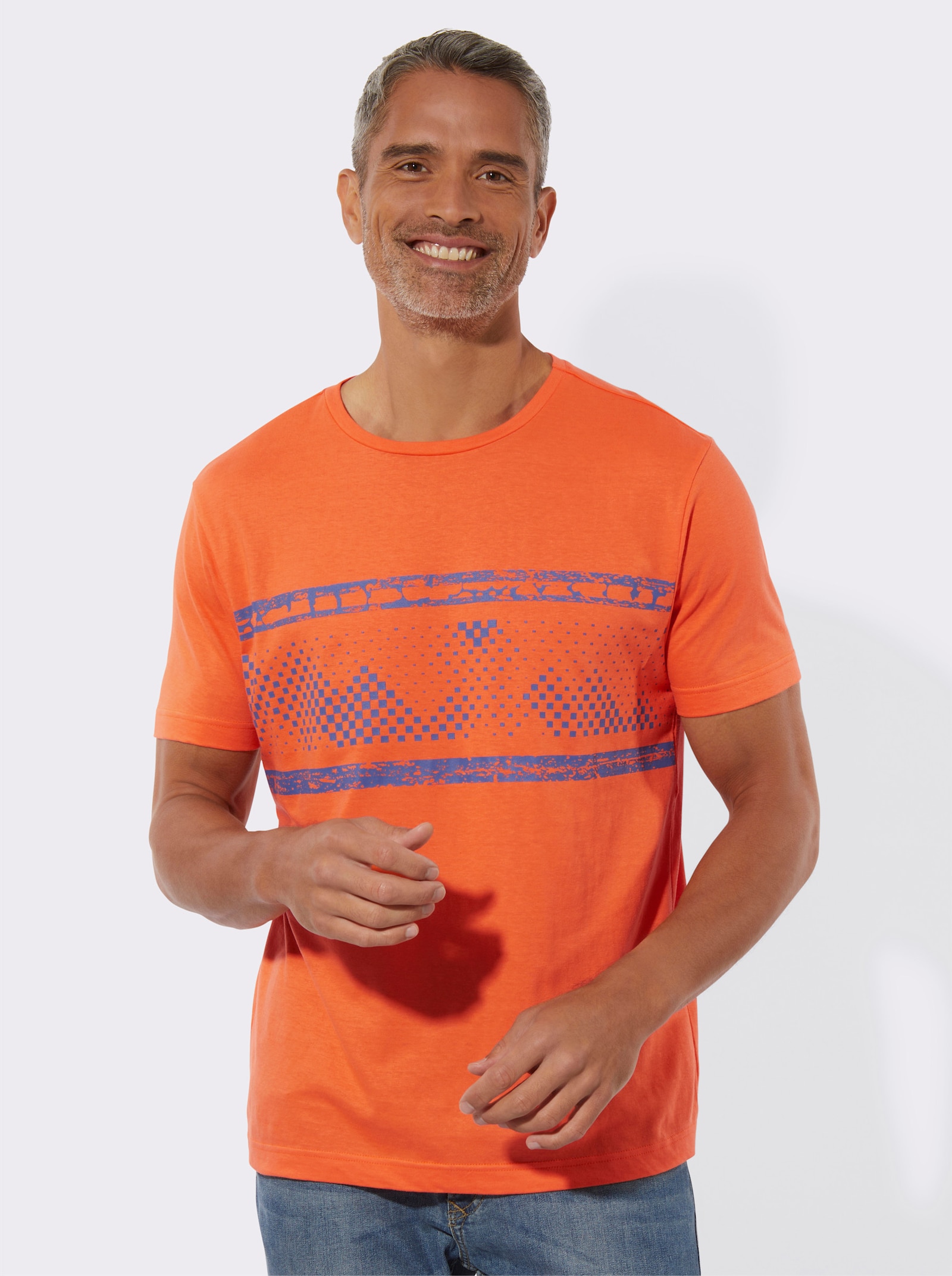 Tričko, okr. výstrih, potlač vpredu - Oranžová-džínsová modrá