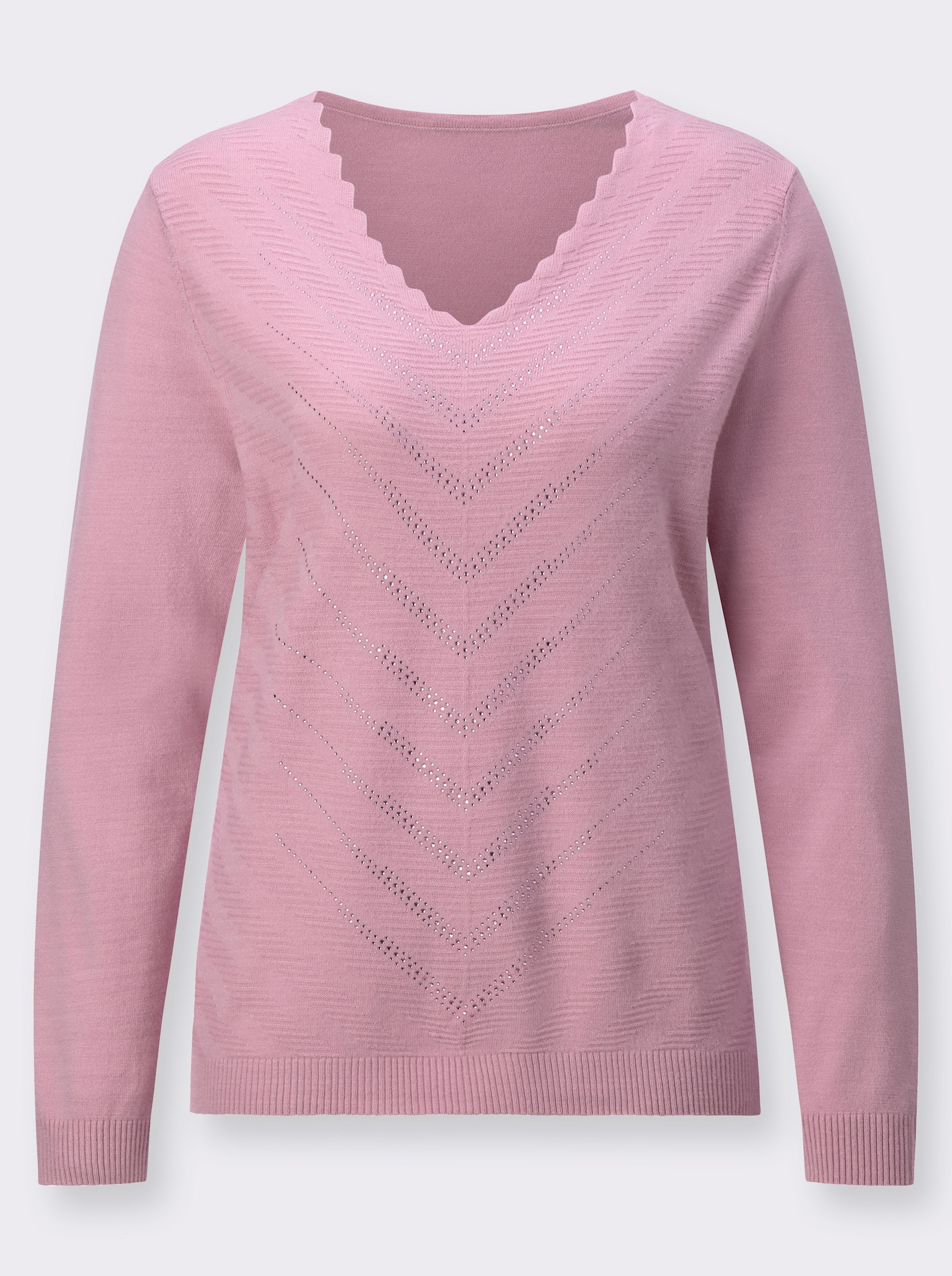 V-Ausschnitt-Pullover mit Glitzersteinchen-Verzierung - rosé