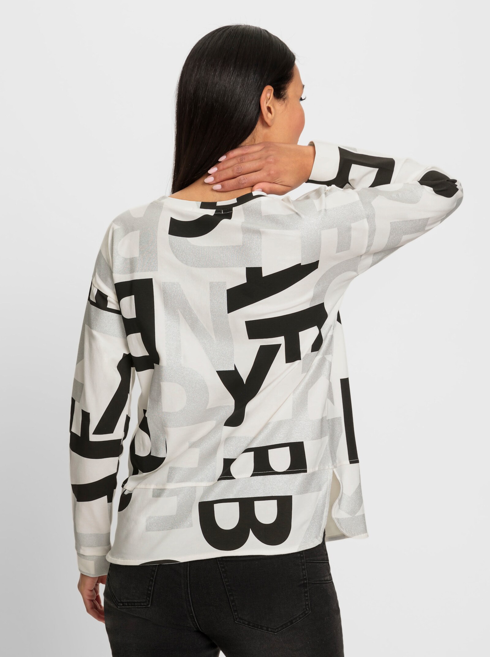 heine Langarmshirt mit Schmucksteinchen - ecru-schwarz-bedruckt