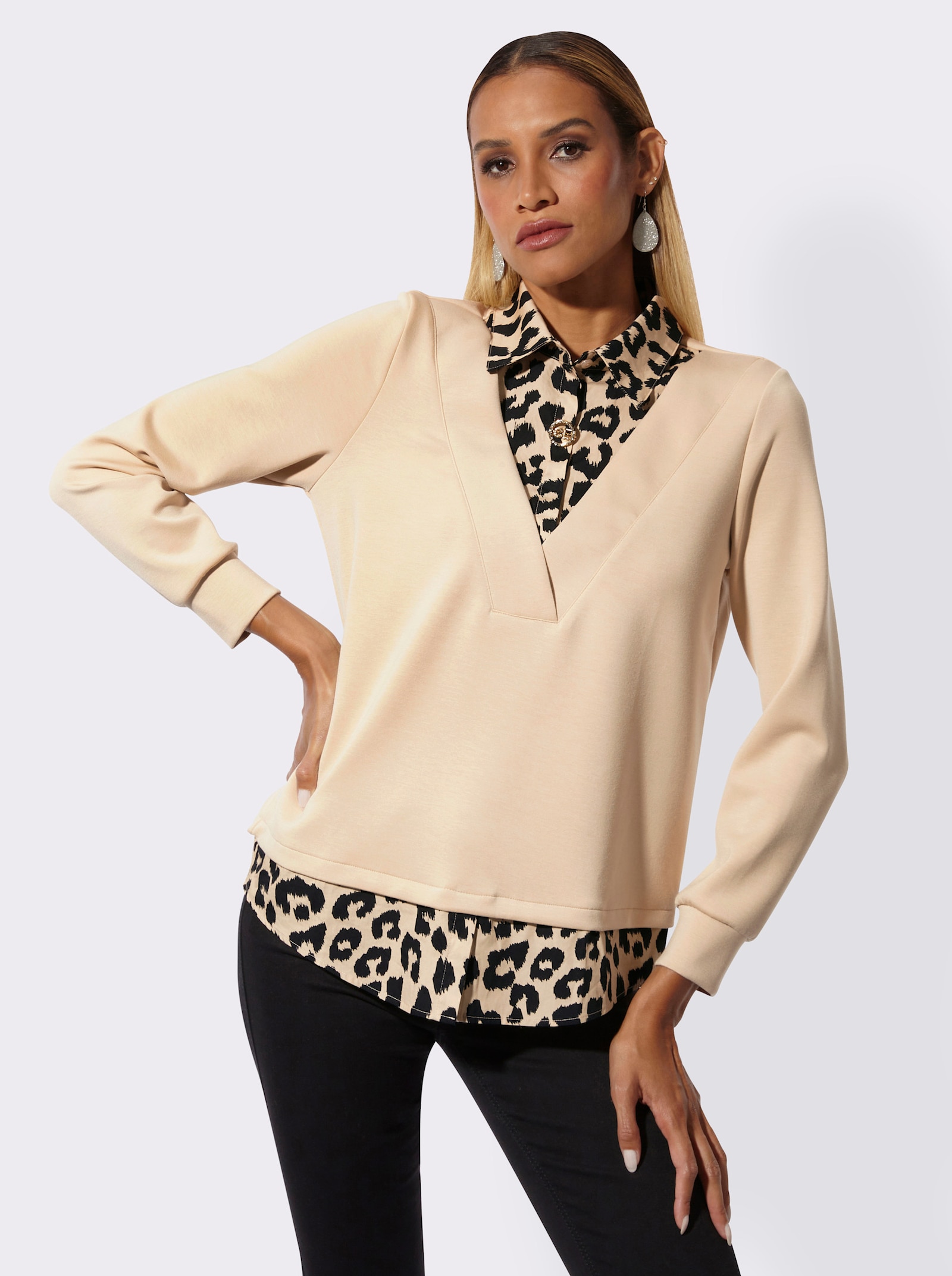 Sweatshirt mit Leo-Einsatz - sand-schwarz