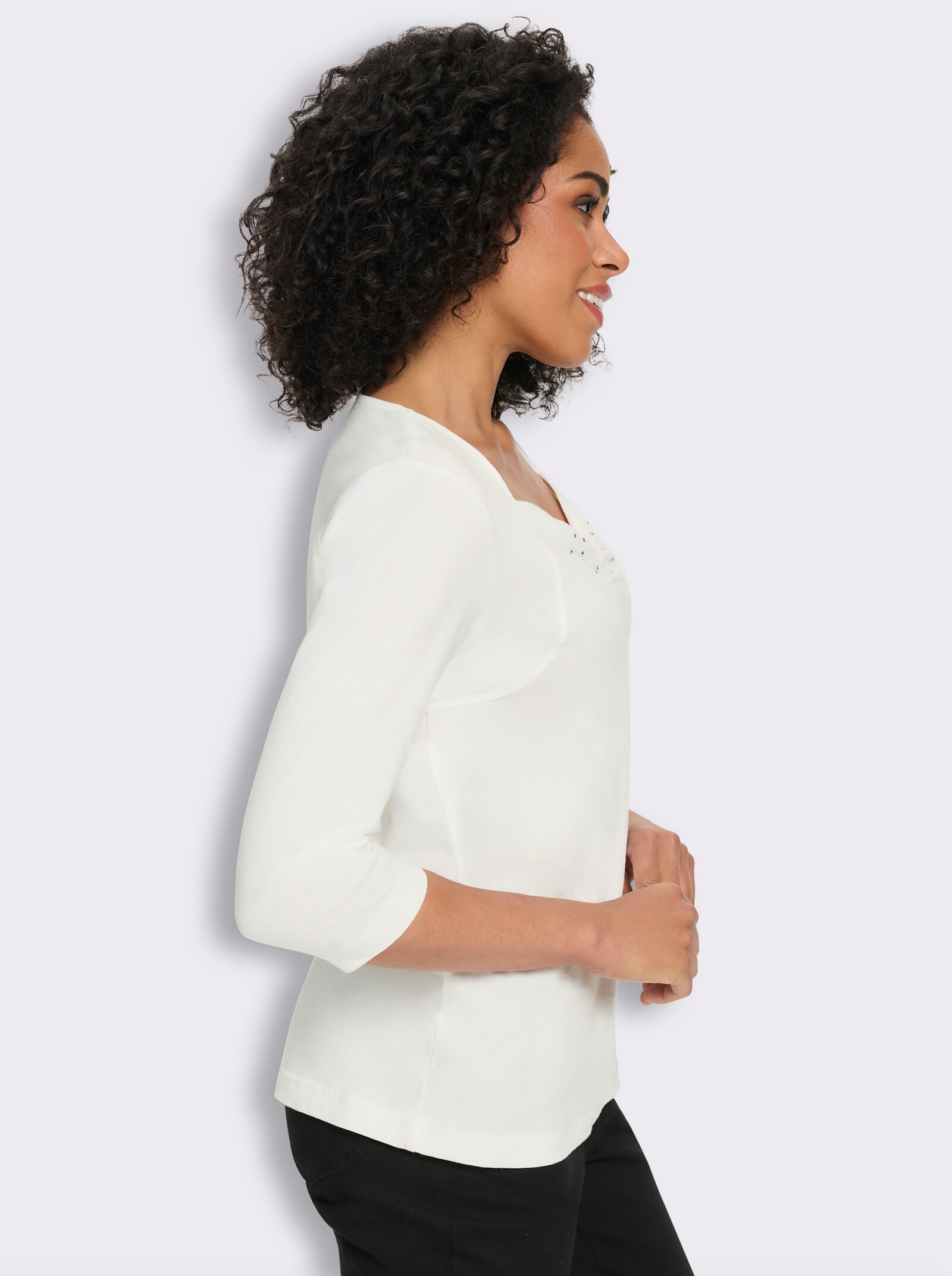 3/4-Arm-Shirt mit Herz-Ausschnitt, Baumwolle - ecru