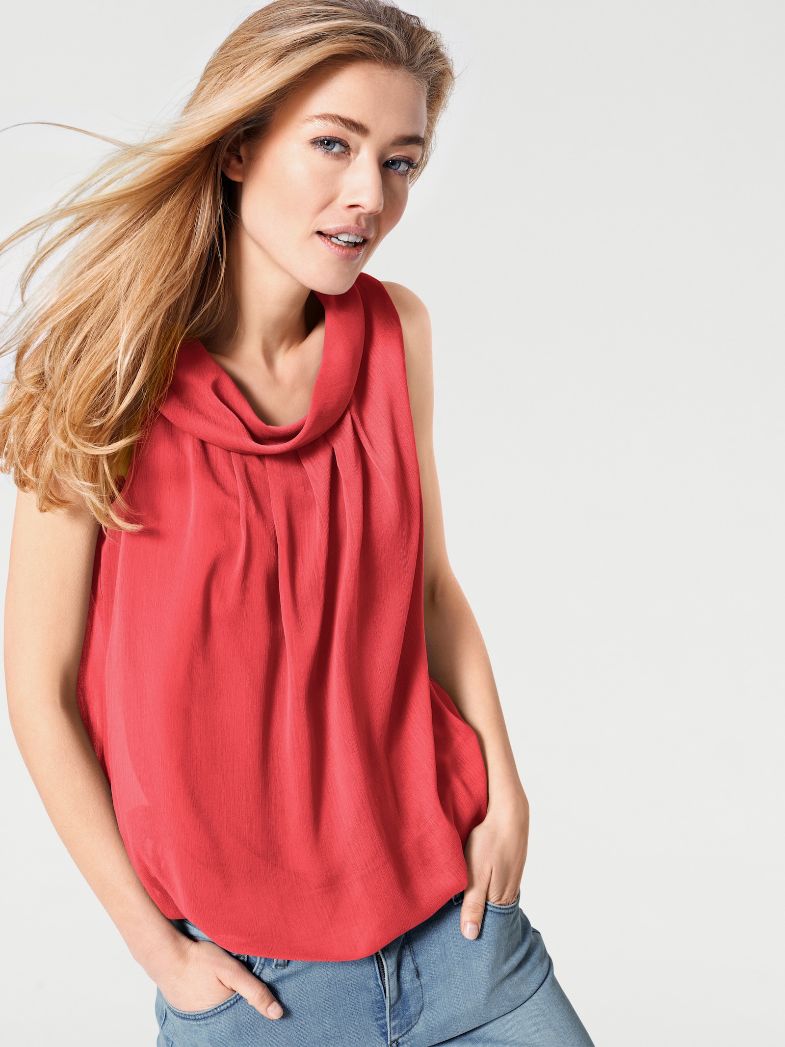 heine Blusentop mit Wasserfall-Ausschnitt - tomatenrot