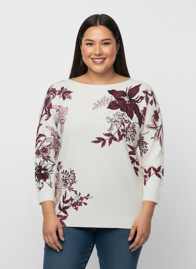 3/4 Arm-Pullover mit U-Boot-Ausschnitt - ecru-burgund-bedruckt
