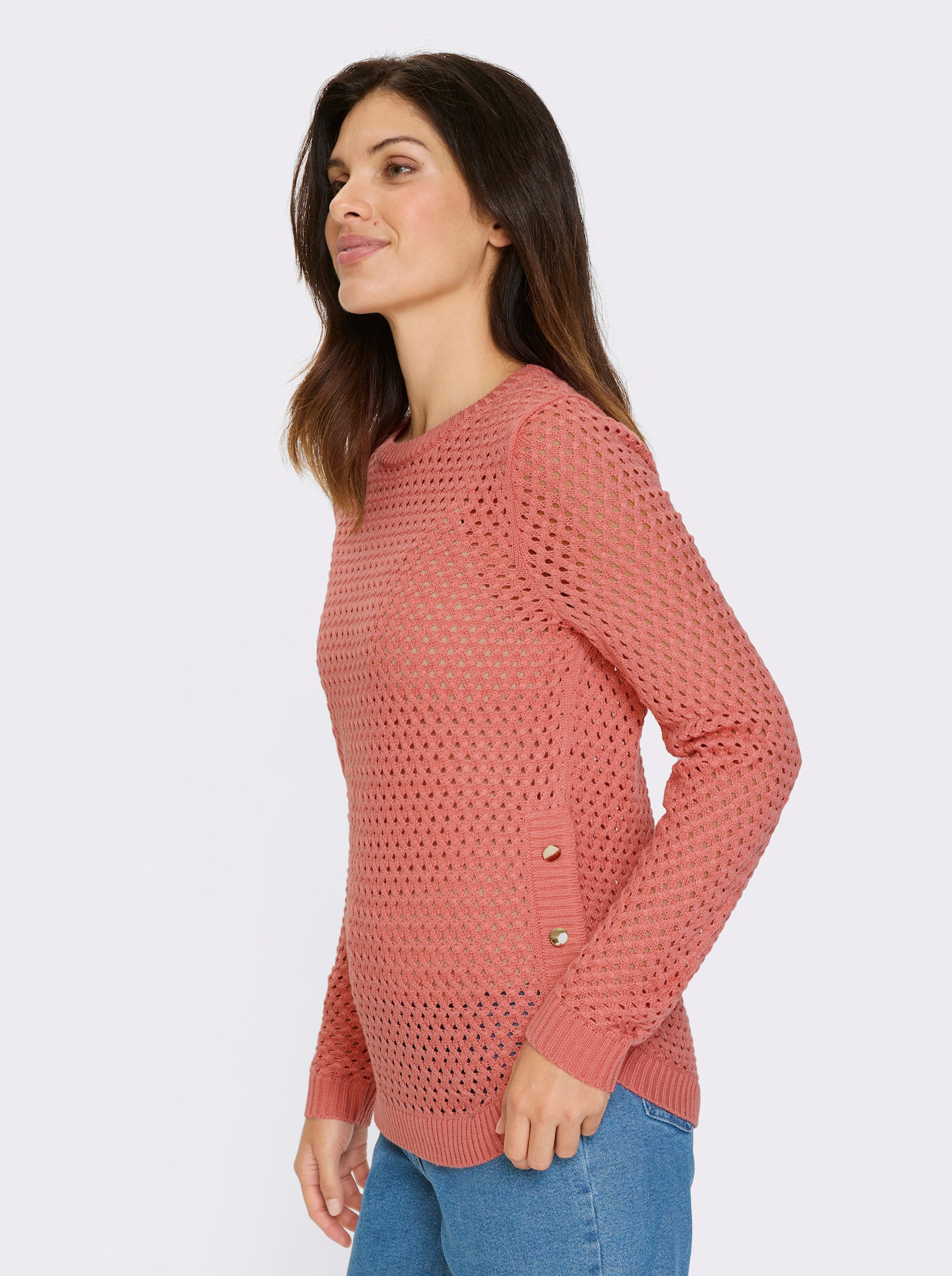 Ažurový svetr s ozdobnými knoflíky na lemu - plameňáková