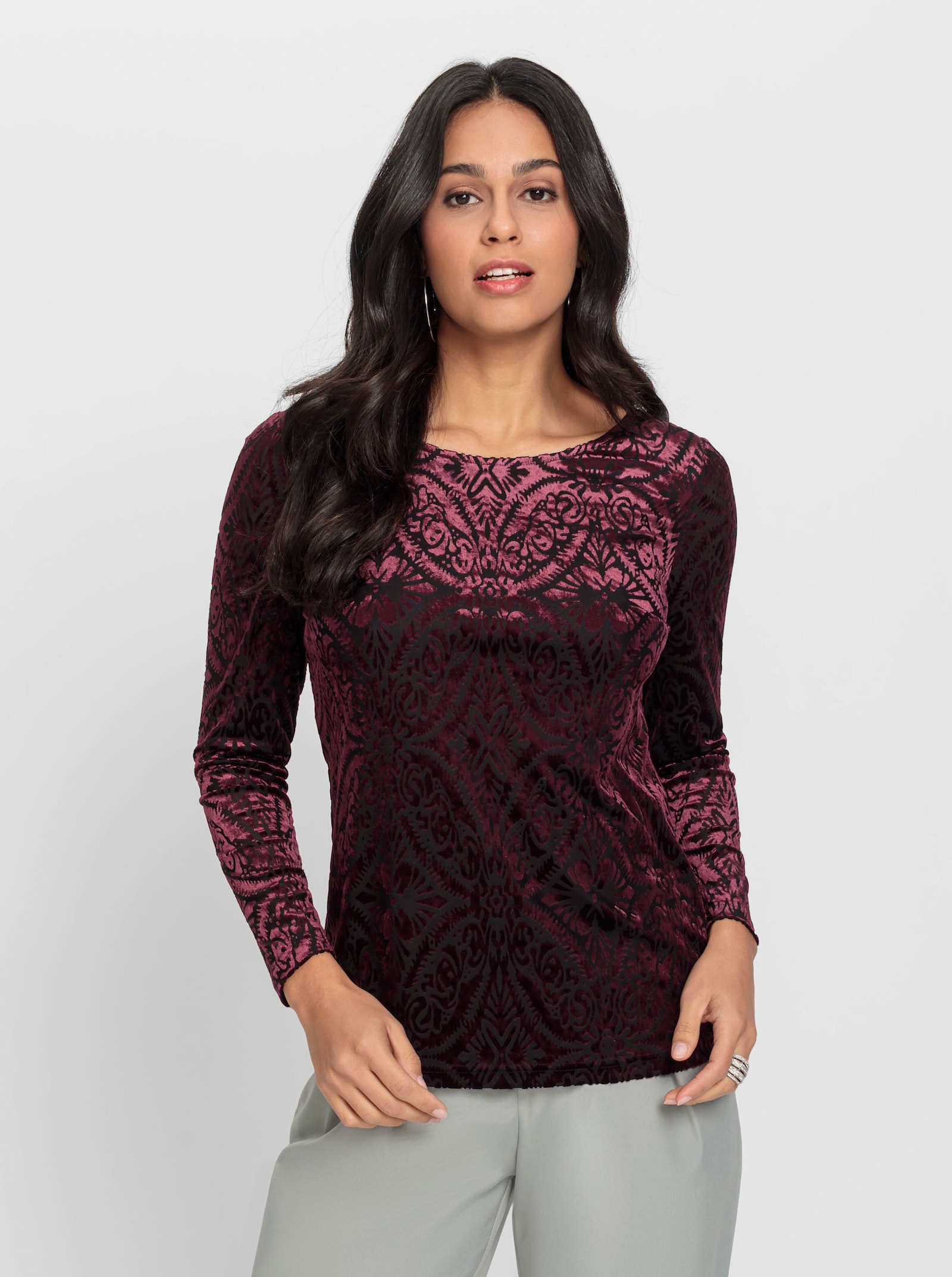 Langarmshirt mit Interlock-Futter - burgund-gemustert