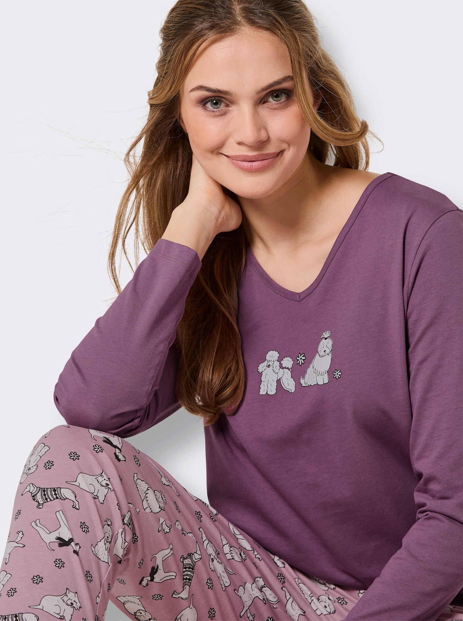 wäschepur Schlafanzüge mit Hunde-Motiven - ozean-mint-bedruckt + violett-mauve-bedruckt