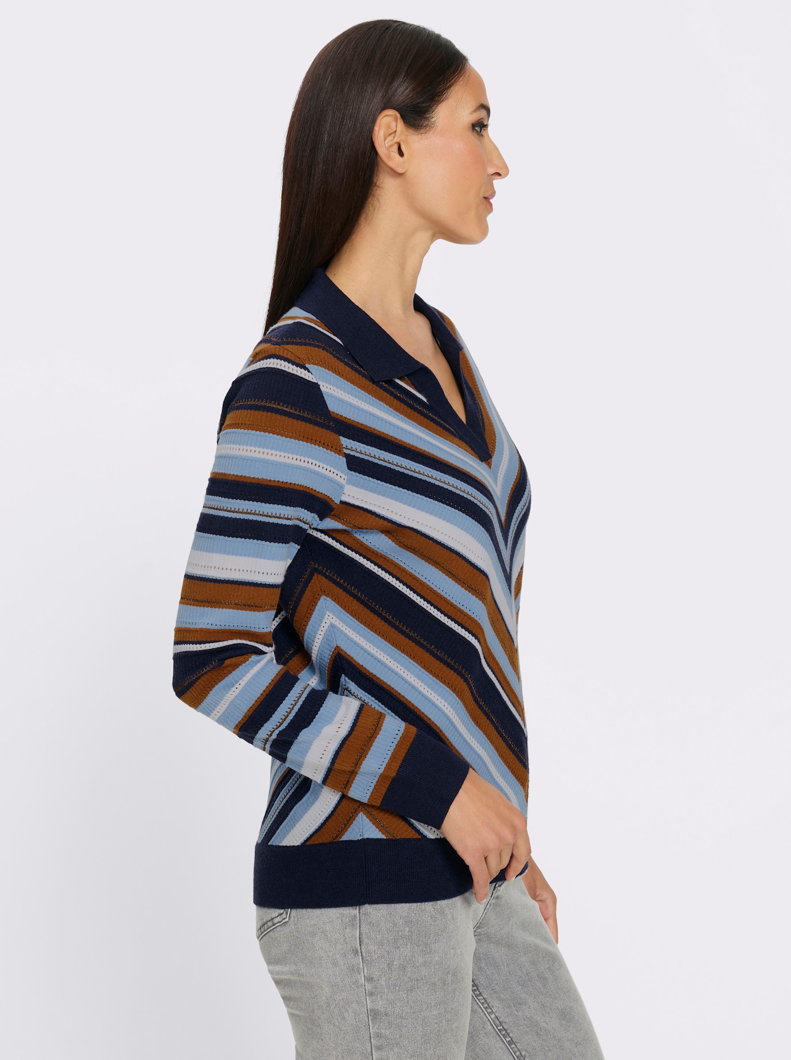 heine Polopullover im Ajourstrick - marine-bleu-gestreift