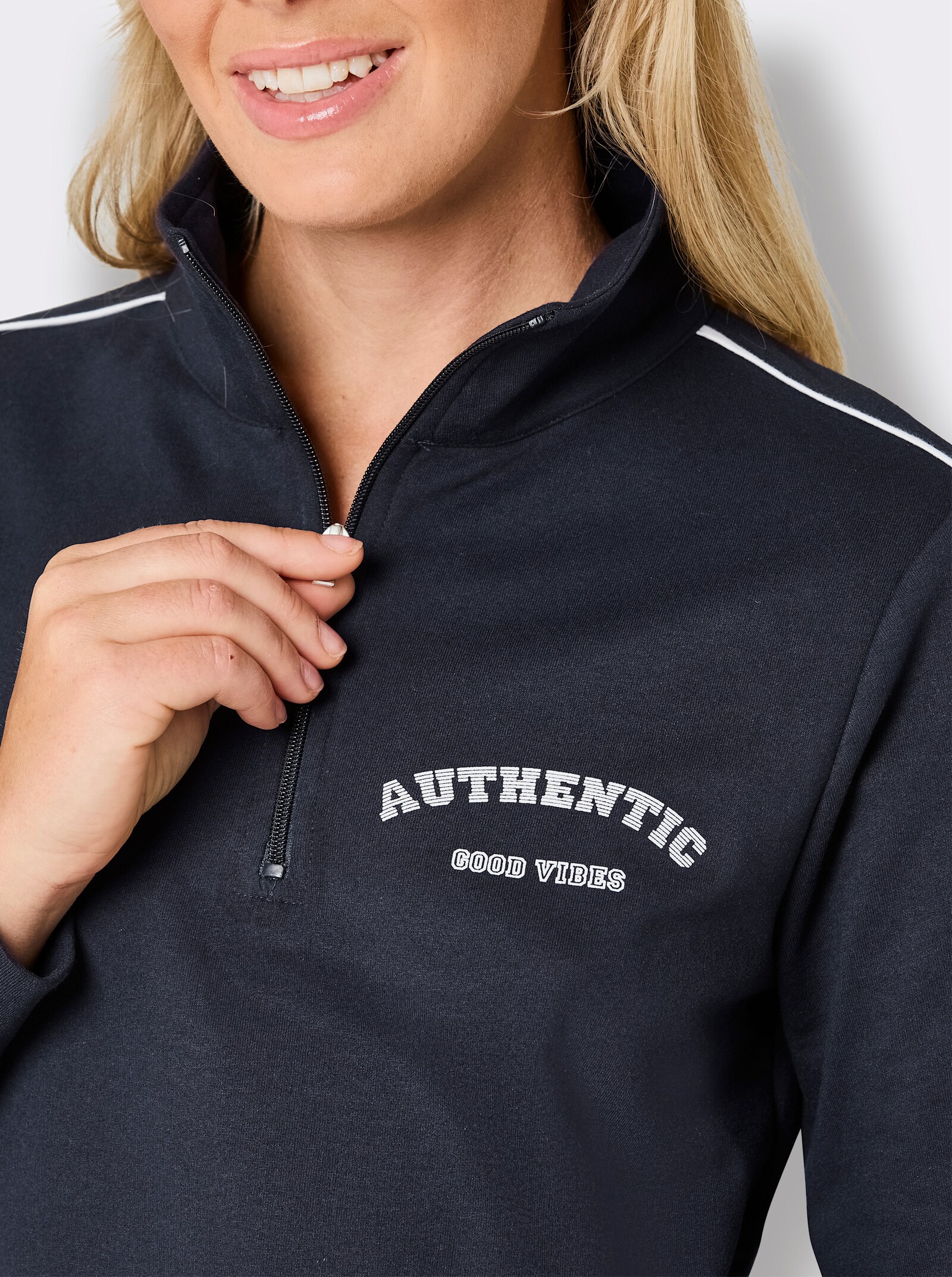 feel good Langarmshirt mit Zipper - marine-weiß
