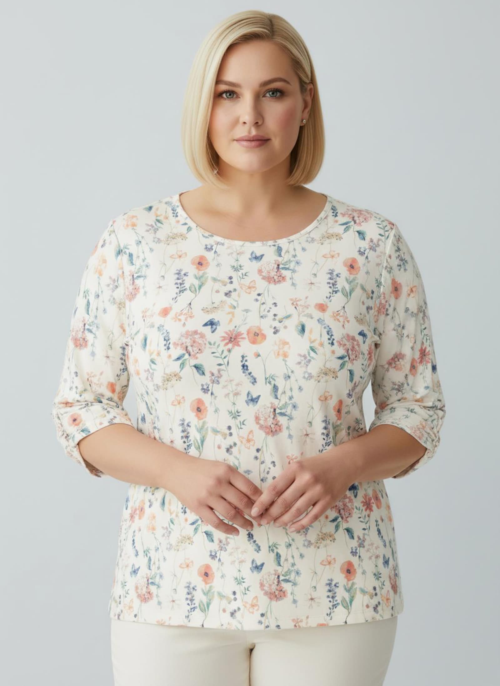 Print-Shirt mit Raffung an den Ärmeln - ecru-flamingo-bedruckt