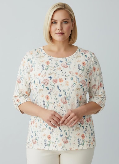 Print-Shirt mit Raffung an den Ärmeln - ecru-flamingo-bedruckt