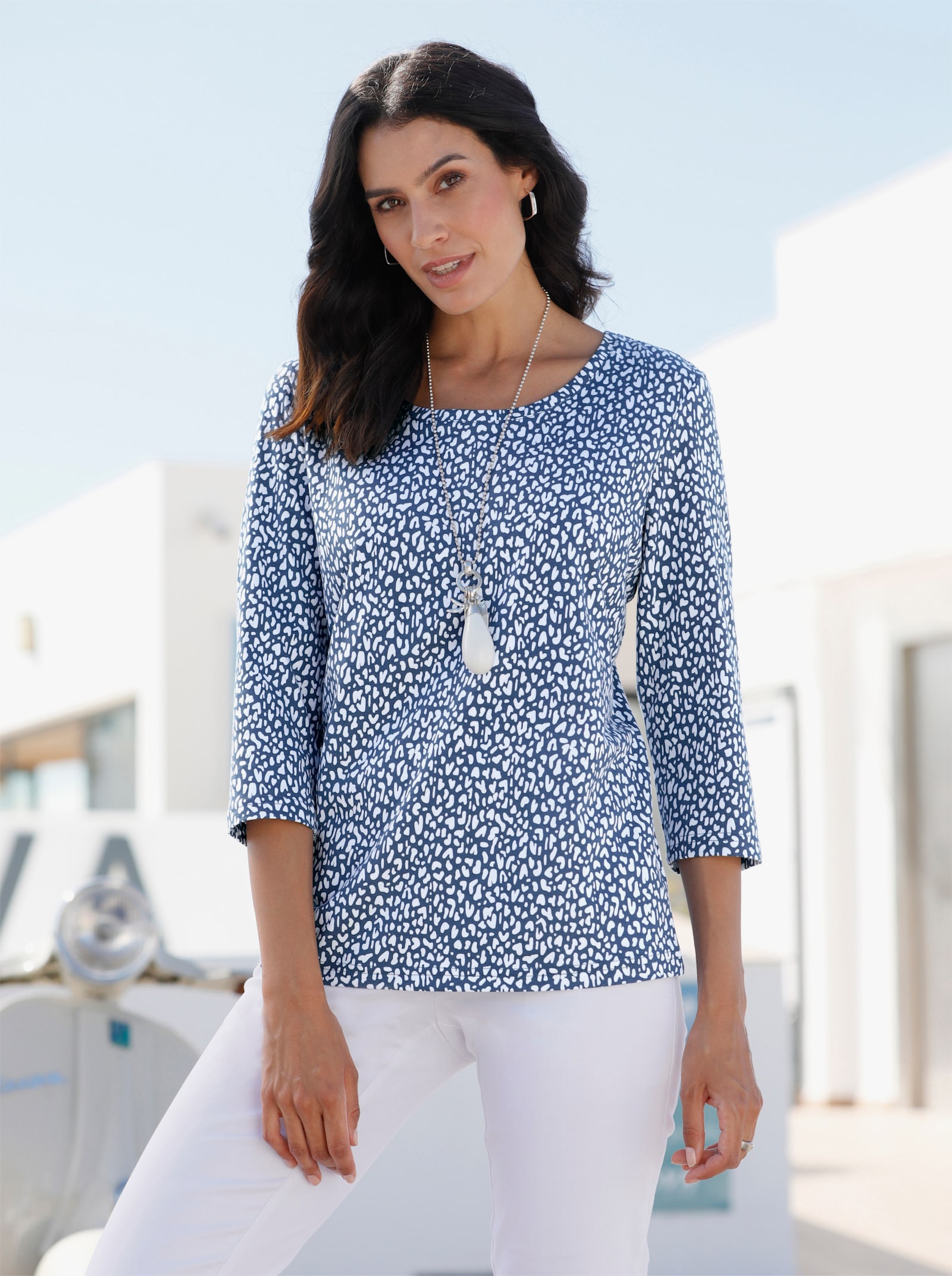 Shirt met 3/4-mouwen en minimalistische print - wit/jeansblauw bedrukt